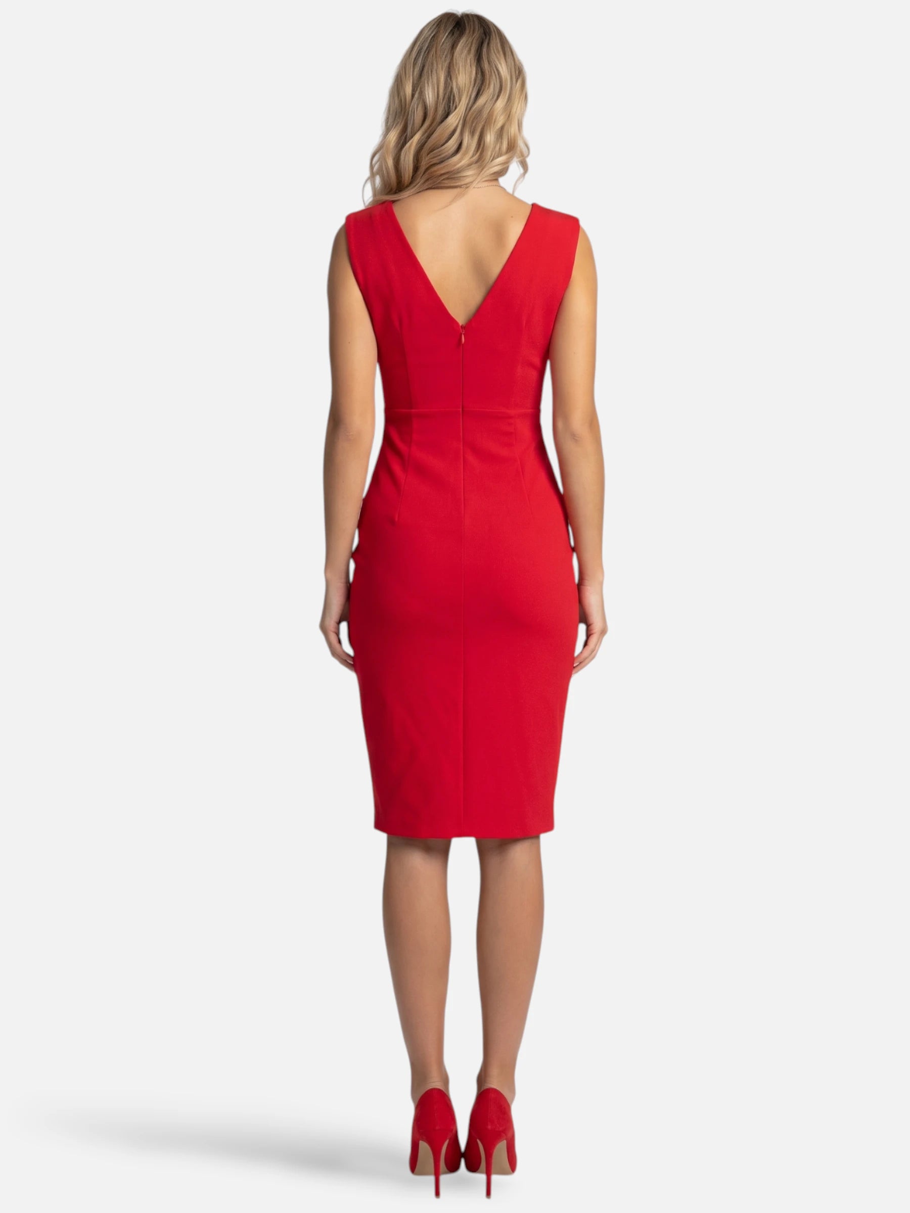 Robe fourreau col V drapé – fente asymétrique et taille froncée