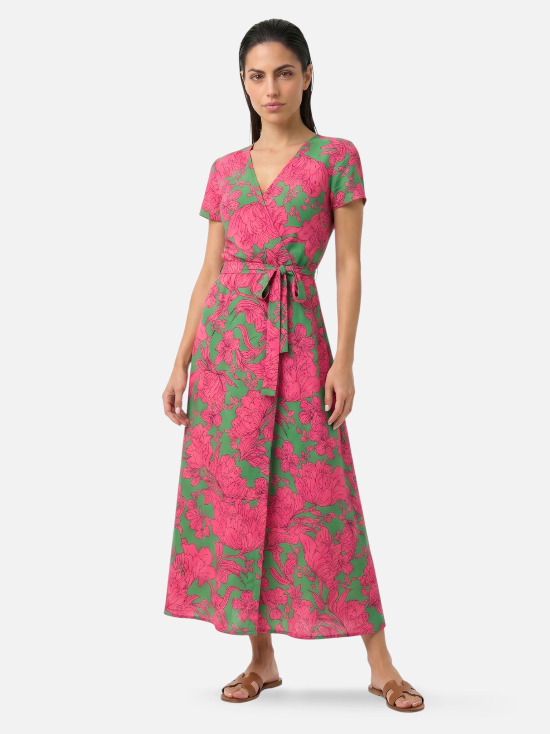 Robe longue portefeuille fleurie rose et vert manches courtes et ceinture nouée