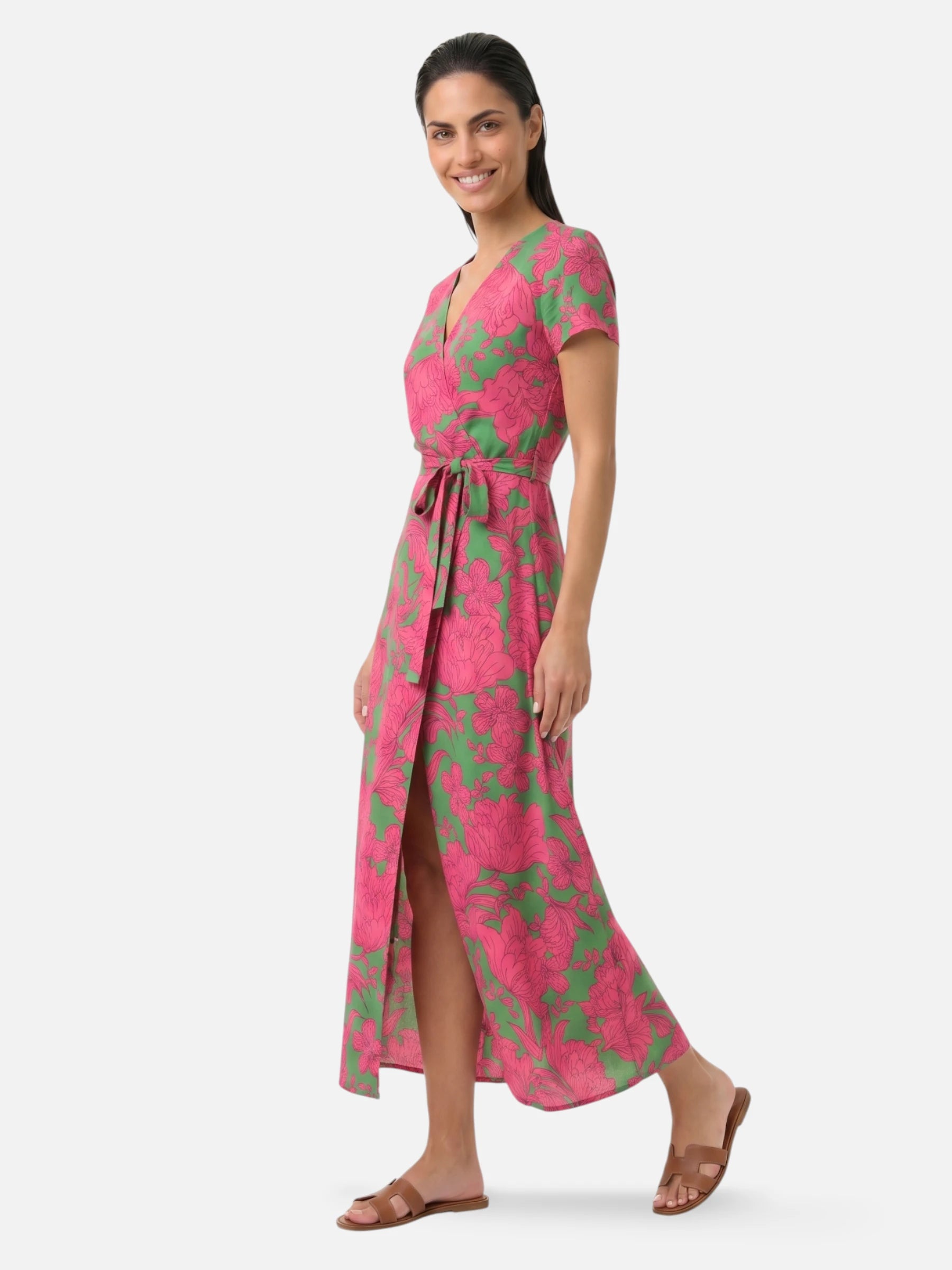 Robe longue portefeuille fleurie rose et vert manches courtes et ceinture nouée