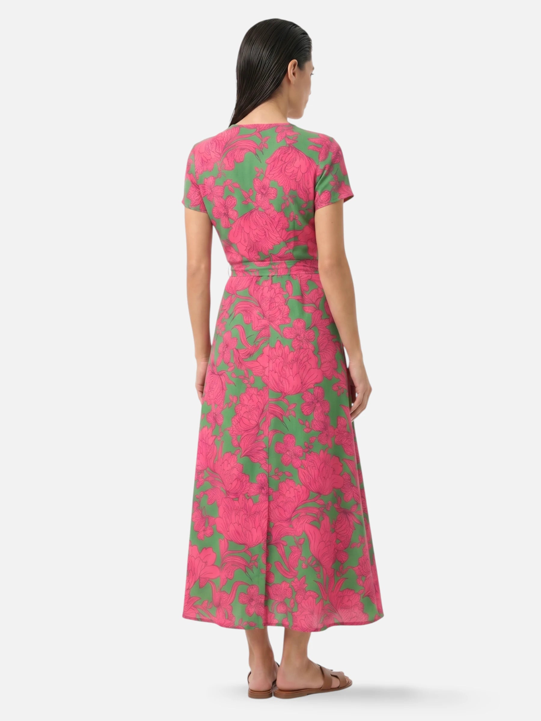 Robe longue portefeuille fleurie rose et vert manches courtes et ceinture nouée