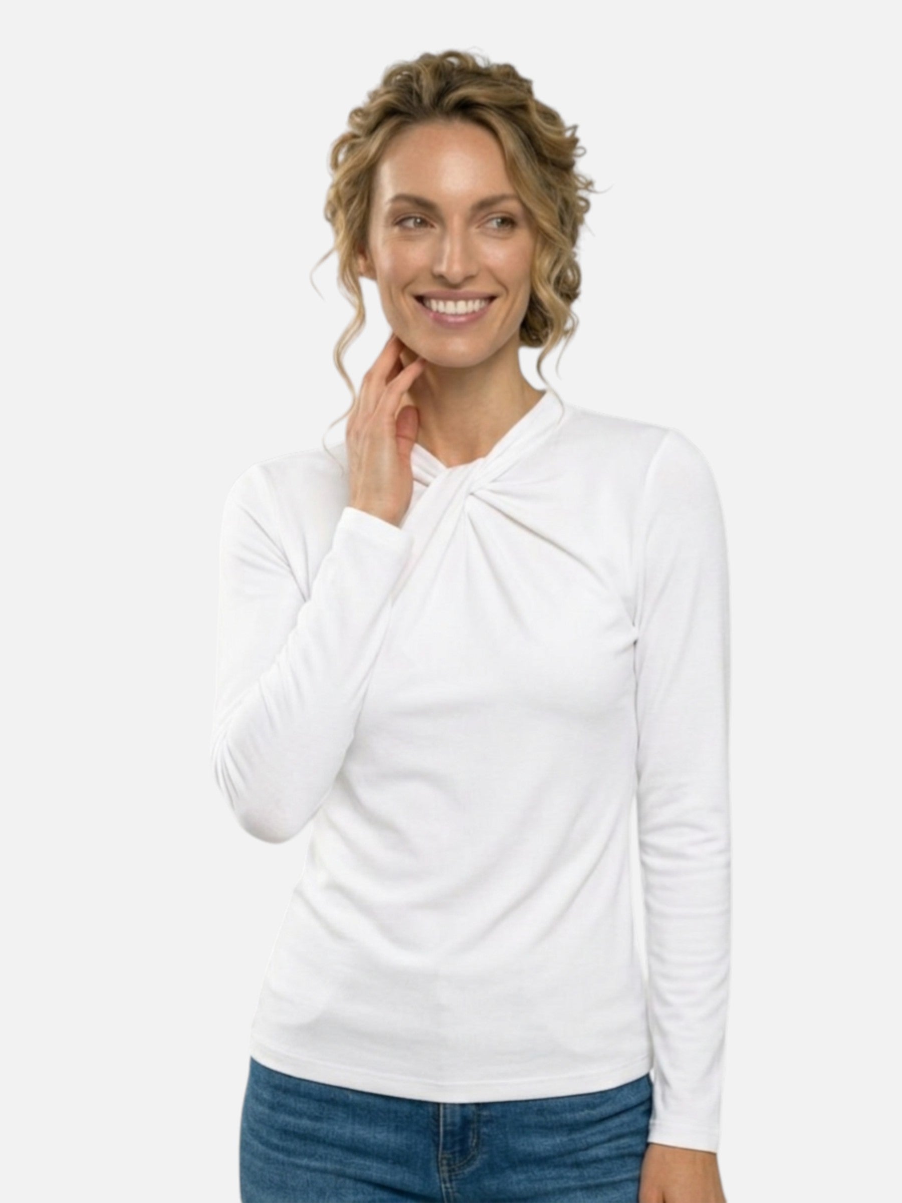 Top à col drapé torsadé à manches longues pour femme