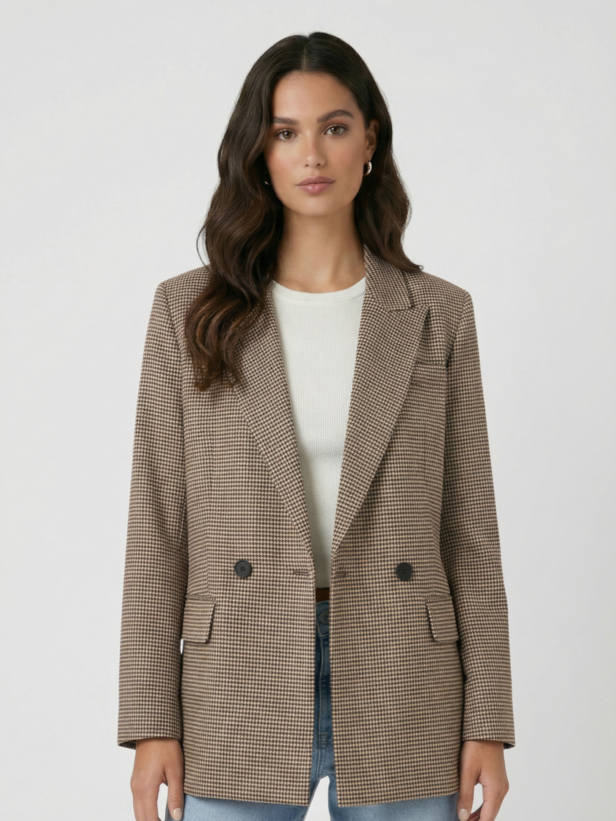 Blazer elegante a cuadros con doble botonadura para mujer