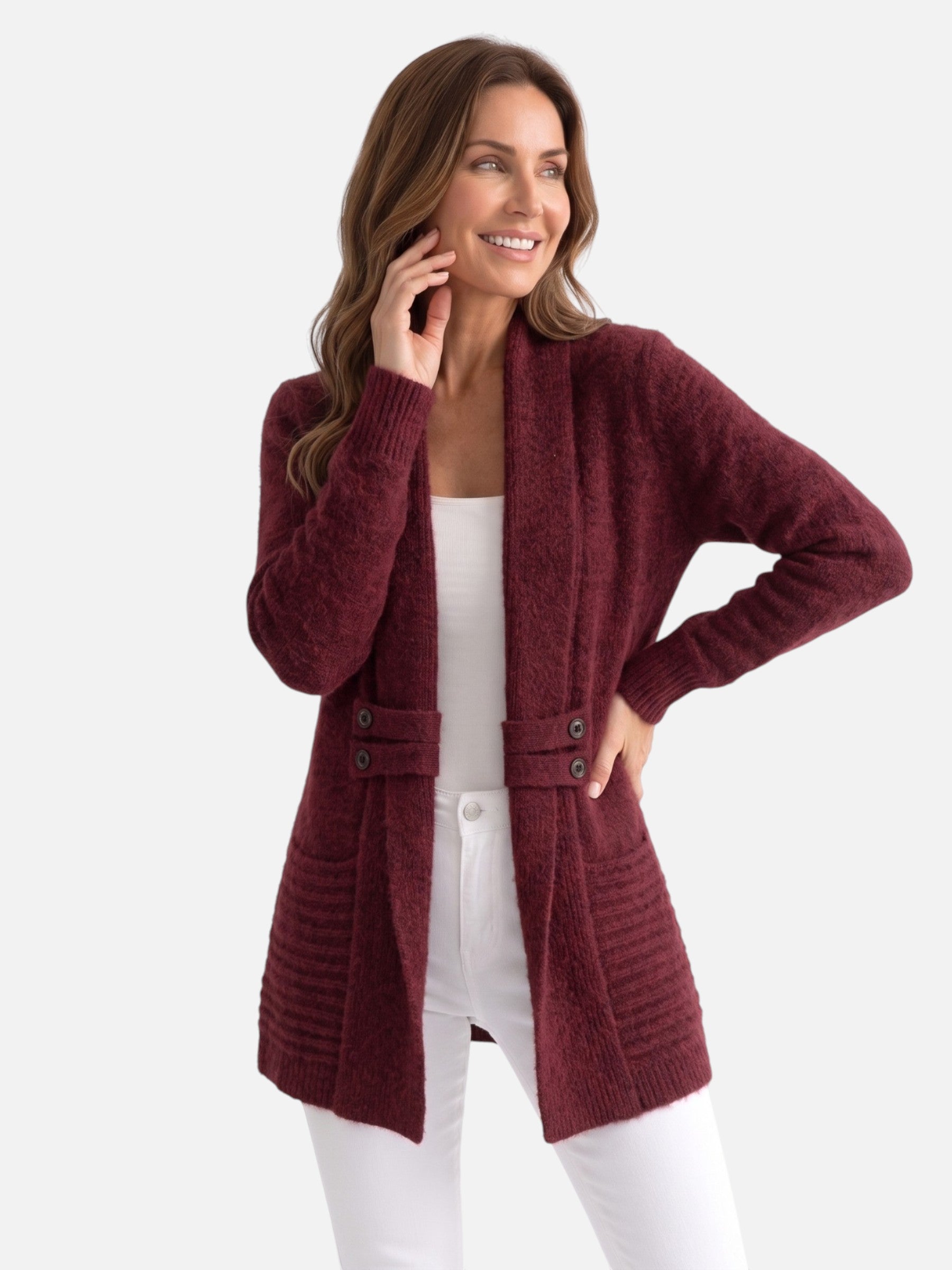 Gilet Long Femme en Maille à Boutons