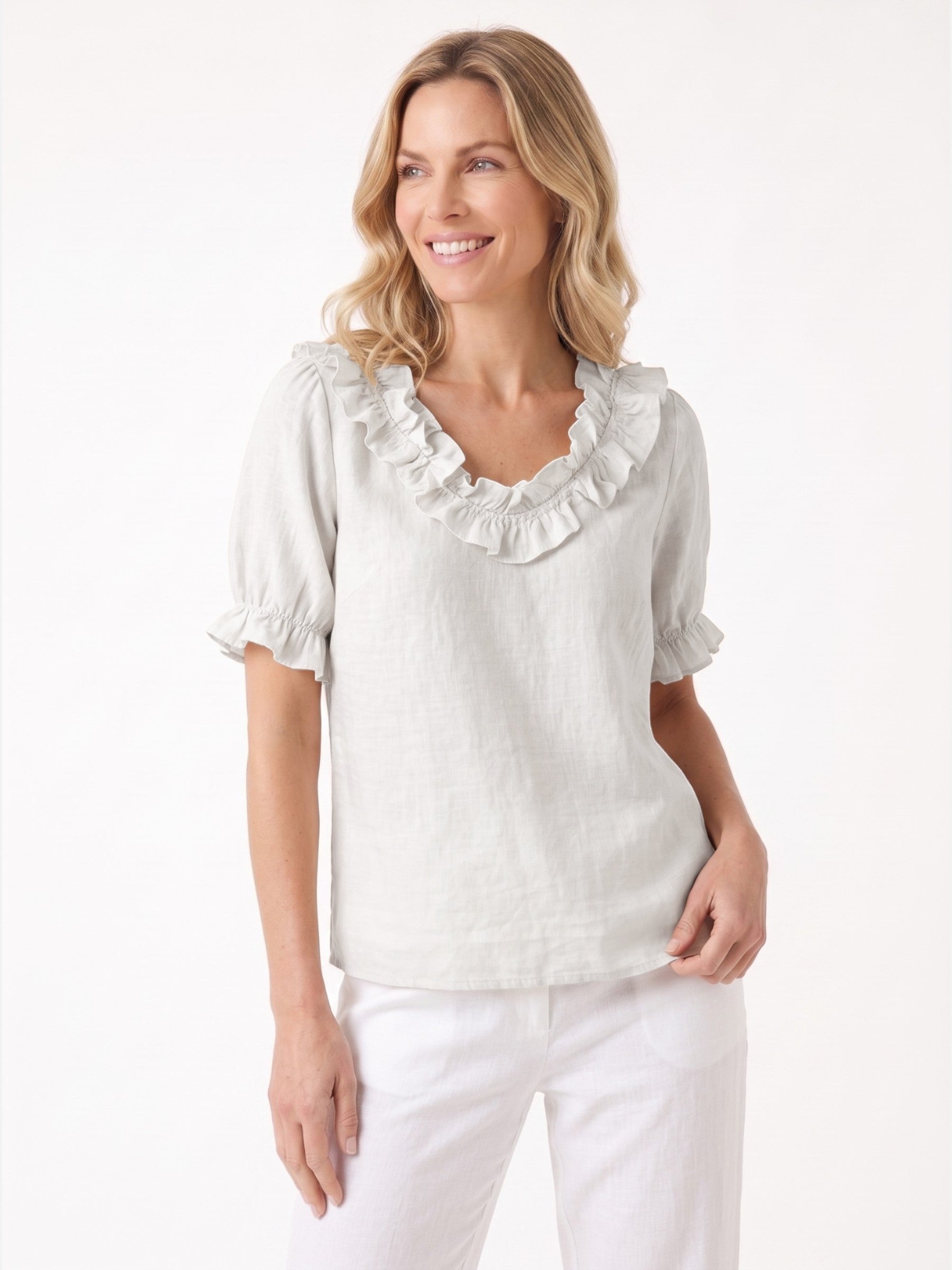 Women's Linen V-Neck Ruffle Trim Short Sleeve Top