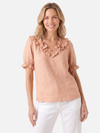 Women's Linen V-Neck Ruffle Trim Short Sleeve Top
