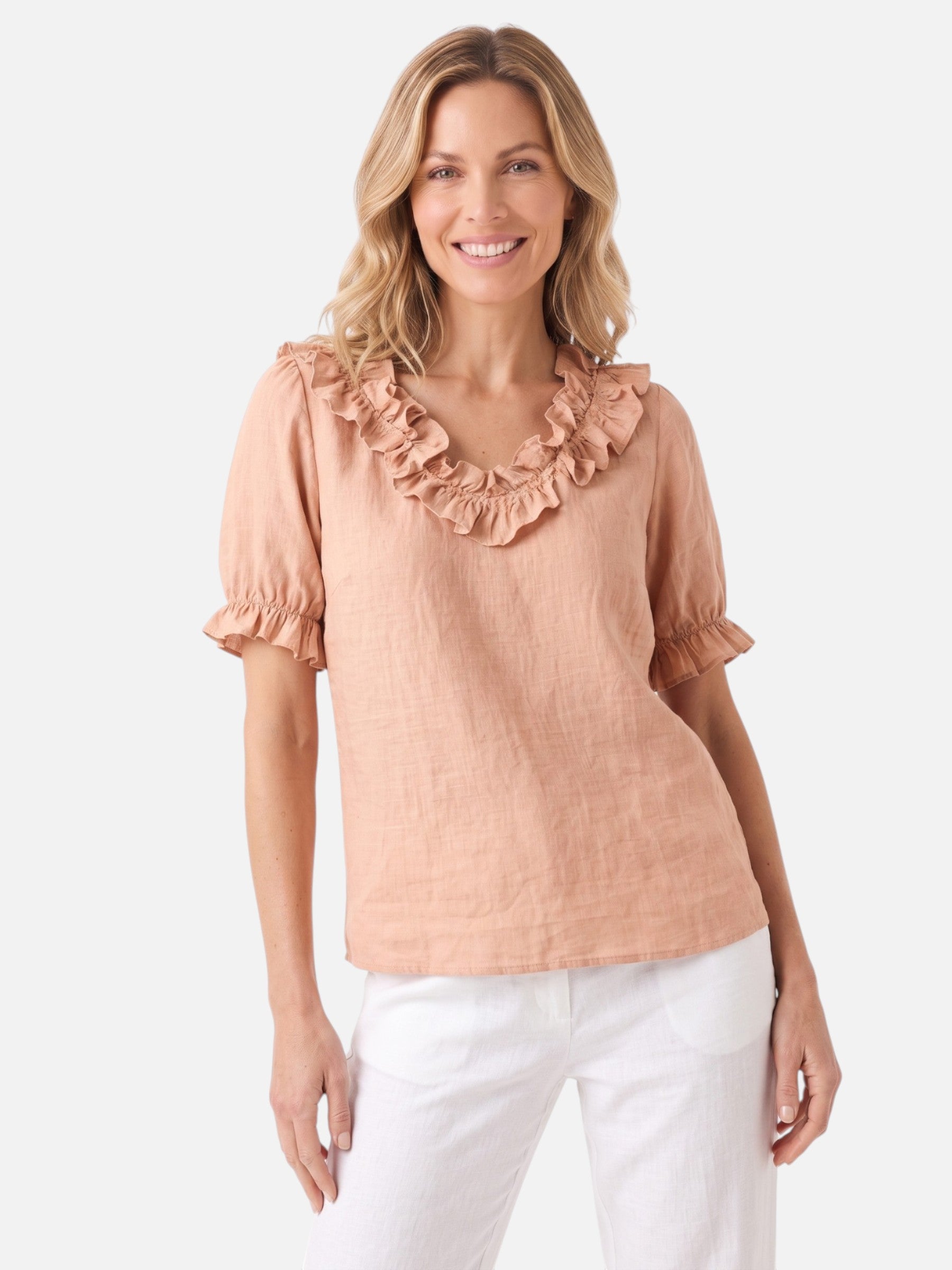 Women's Linen V-Neck Ruffle Trim Short Sleeve Top