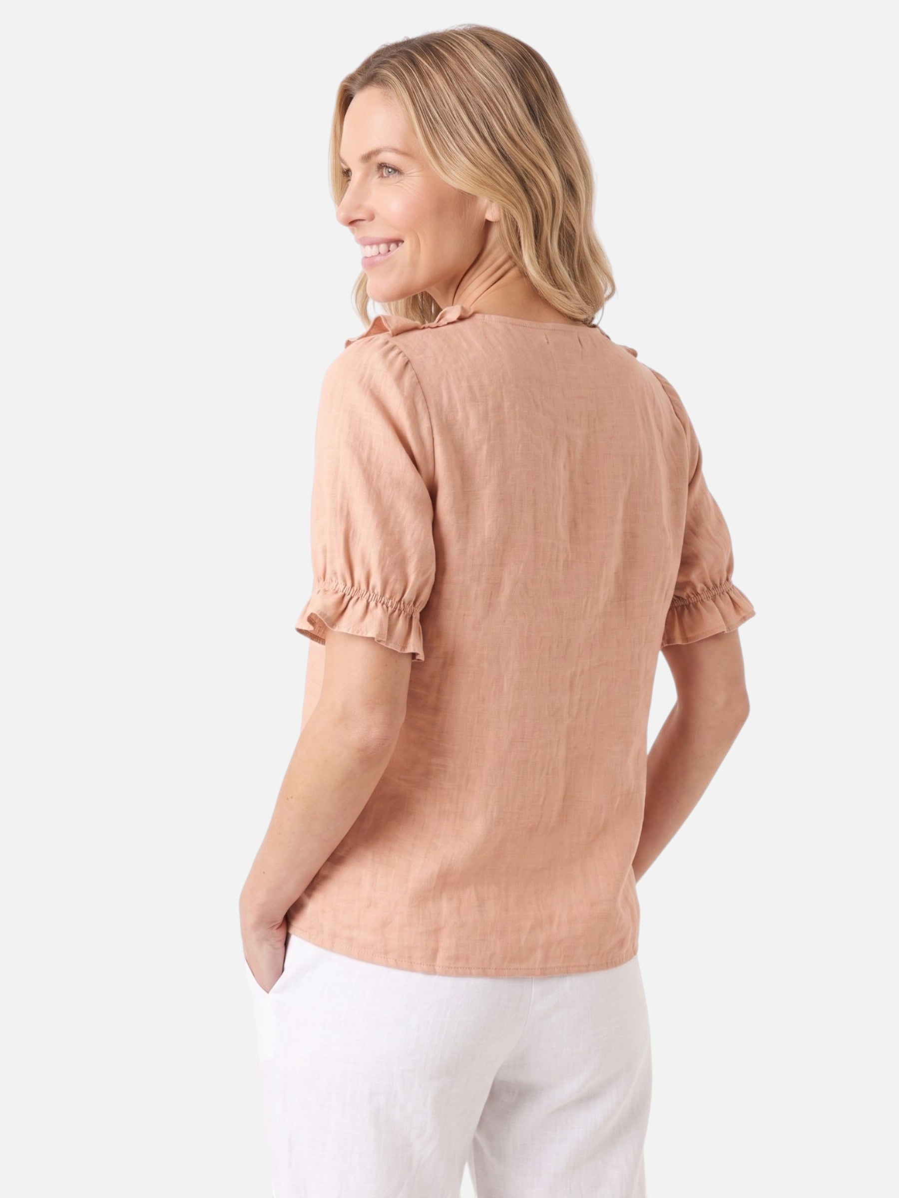 Women's Linen V-Neck Ruffle Trim Short Sleeve Top