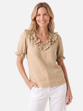Women's Linen V-Neck Ruffle Trim Short Sleeve Top