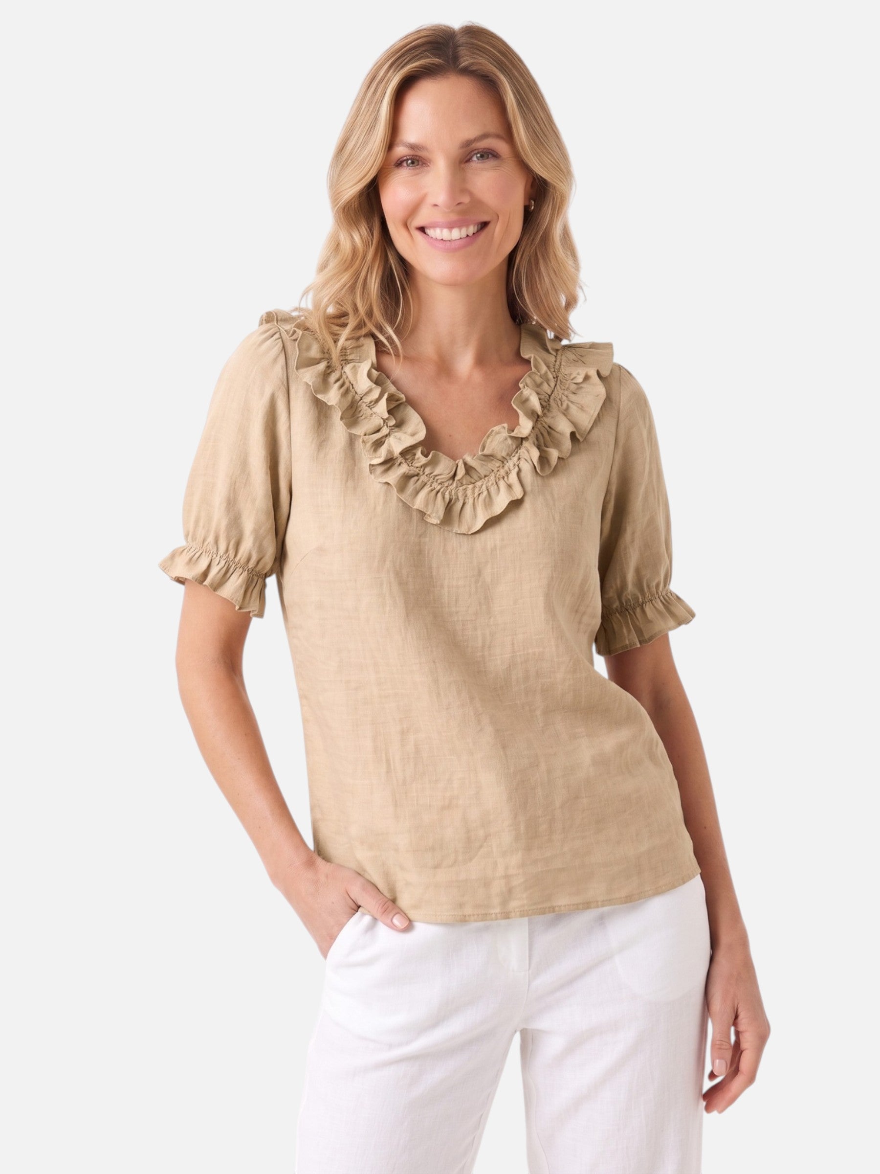 Women's Linen V-Neck Ruffle Trim Short Sleeve Top
