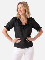 Women's Linen V-Neck Ruffle Trim Short Sleeve Top