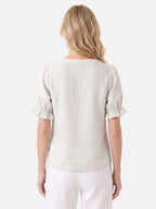 Women's Linen V-Neck Ruffle Trim Short Sleeve Top