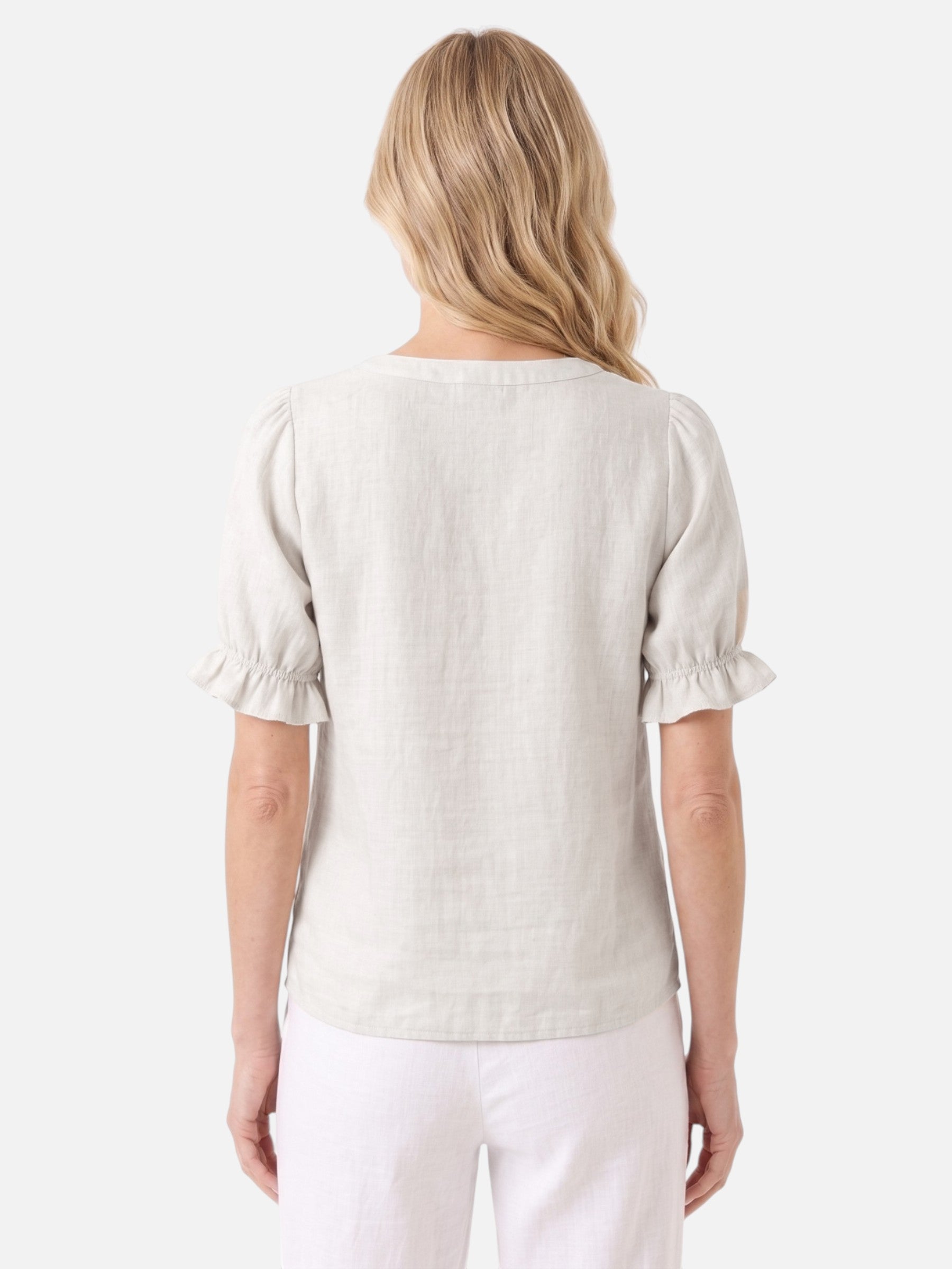 Women's Linen V-Neck Ruffle Trim Short Sleeve Top