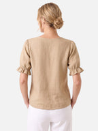 Women's Linen V-Neck Ruffle Trim Short Sleeve Top
