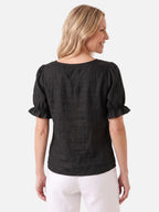 Women's Linen V-Neck Ruffle Trim Short Sleeve Top