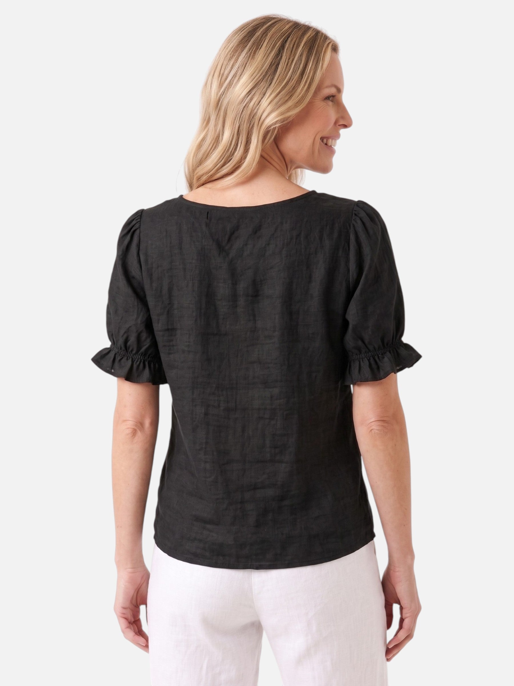 Women's Linen V-Neck Ruffle Trim Short Sleeve Top