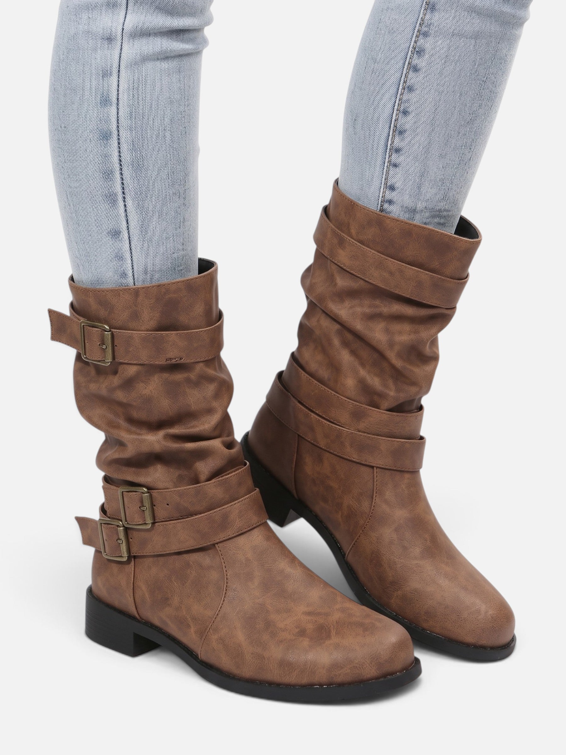 Bottes Motardes Femme Cuir Plissées Boucles