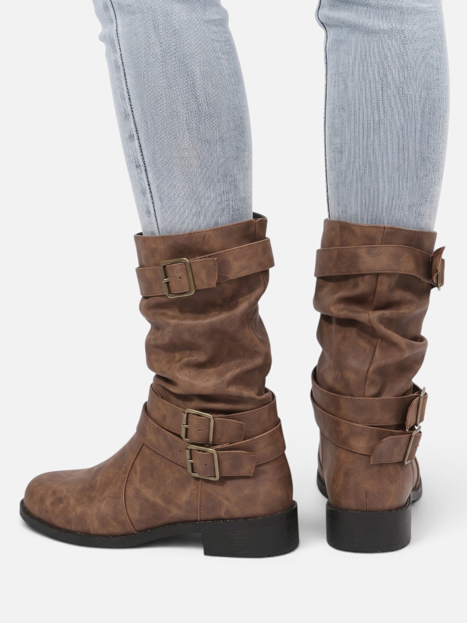 Bottes Motardes Femme Cuir Plissées Boucles