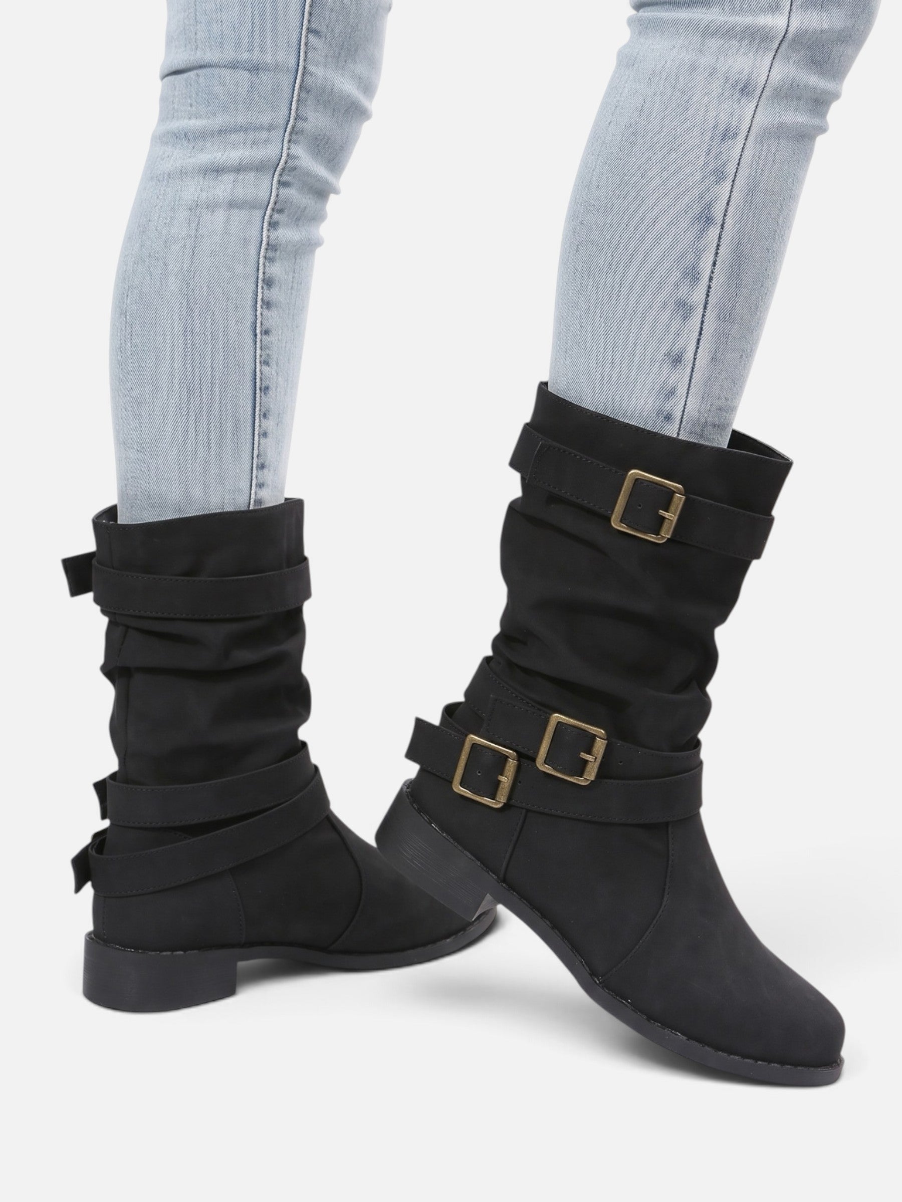 Bottes Motardes Femme Cuir Plissées Boucles
