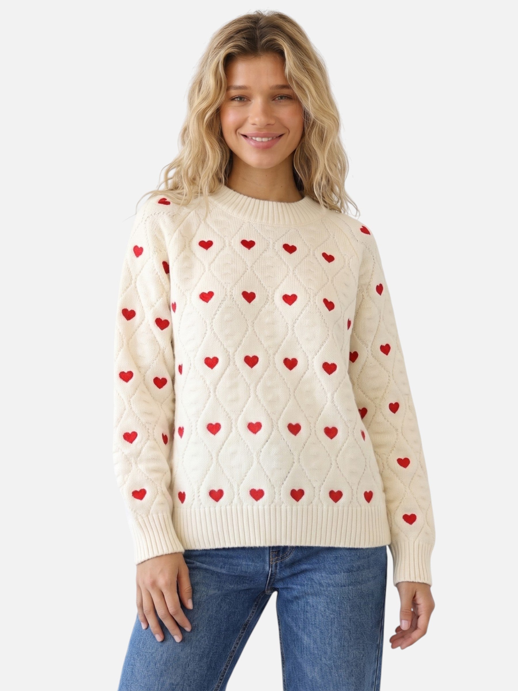 Pull Femme Maille Texturée Imprimé Cœurs