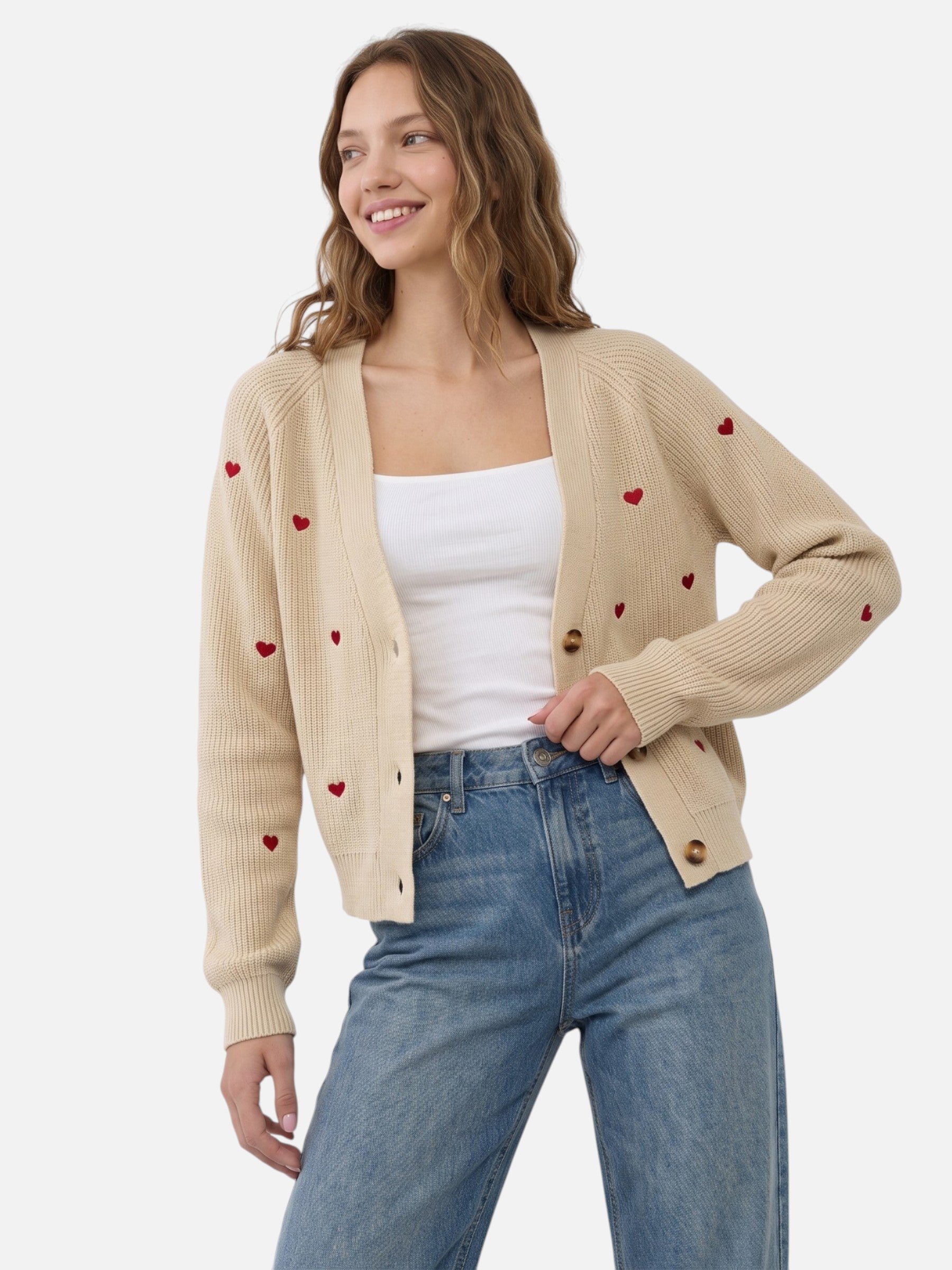 Gilet Femme Boutonné Motif Cœurs Brodés