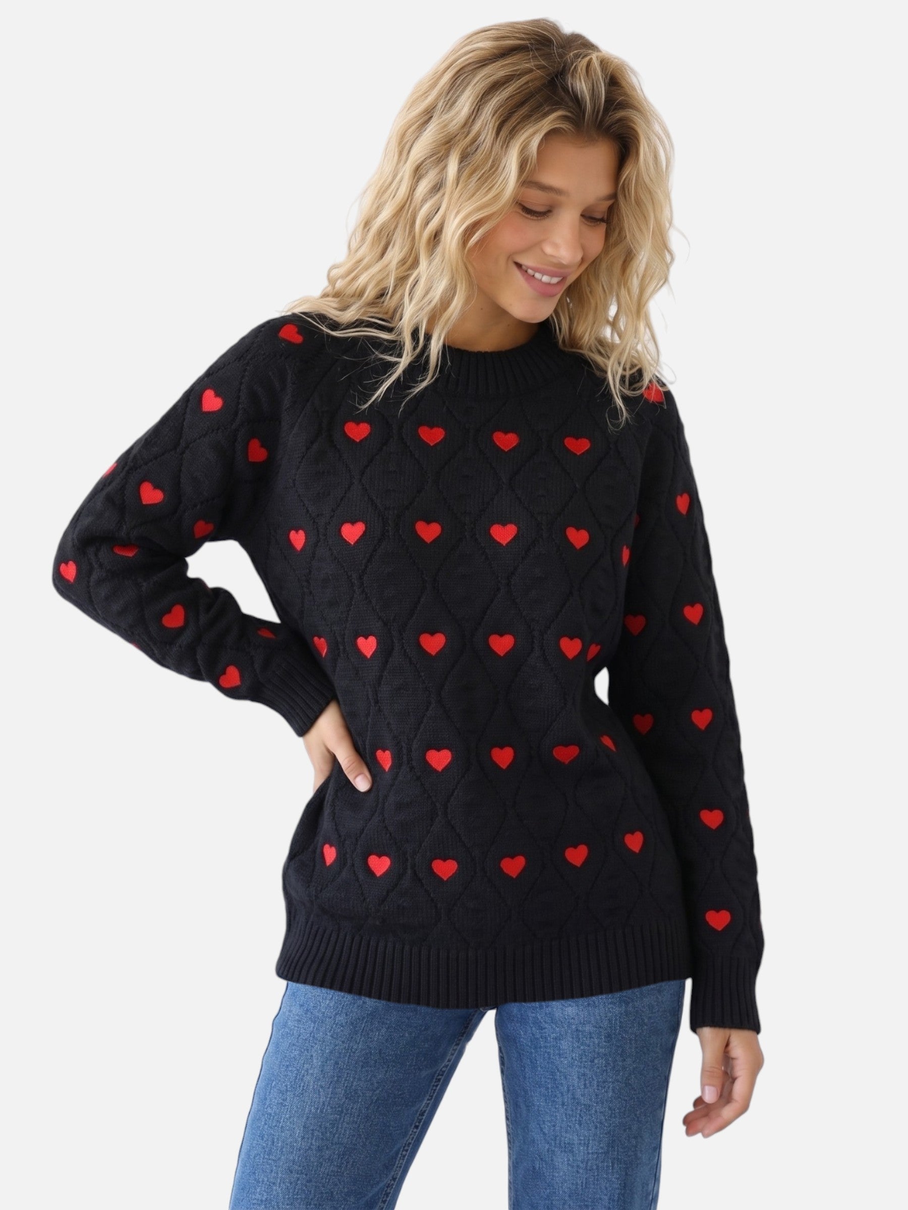 Pull Femme Maille Texturée Imprimé Cœurs