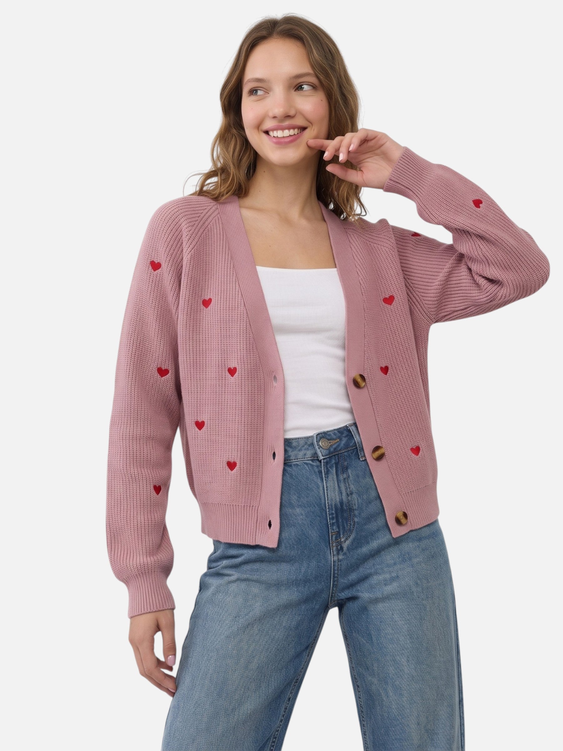 Gilet Femme Boutonné Motif Cœurs Brodés
