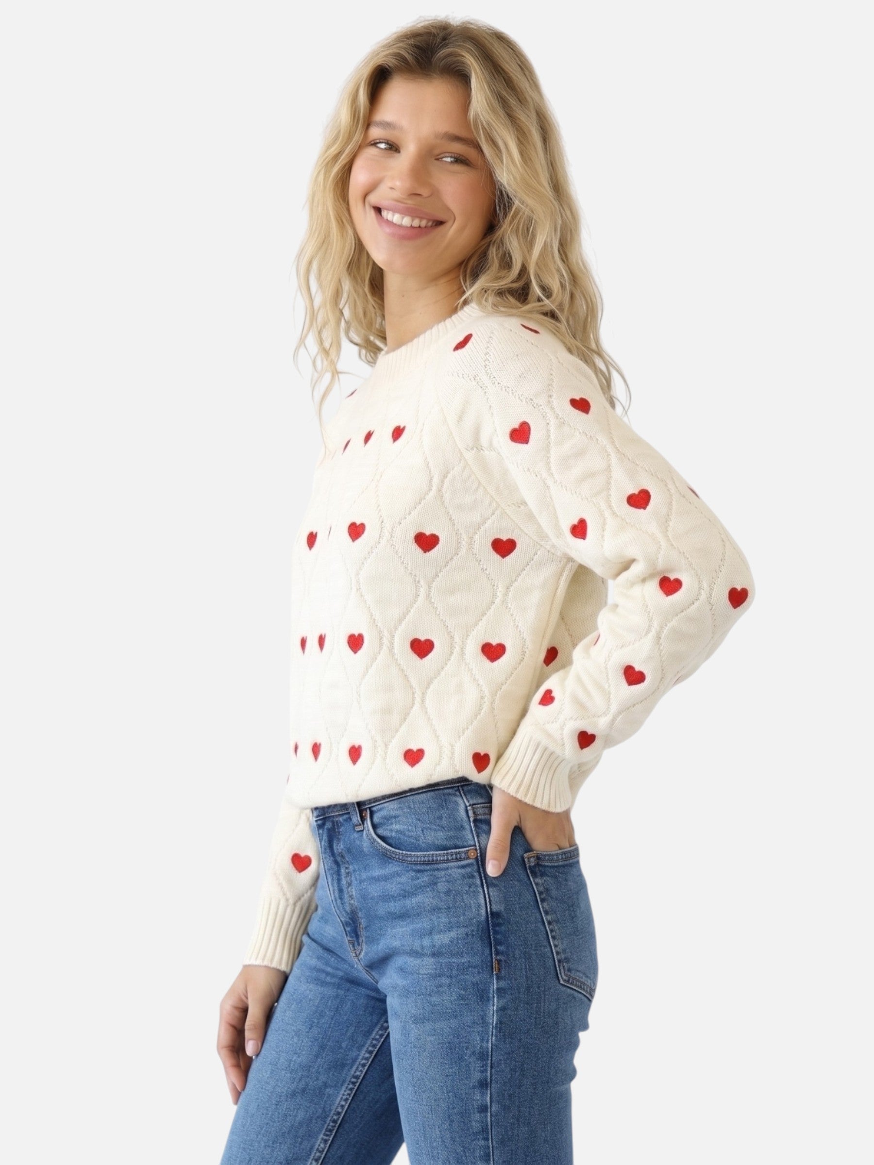 Pull Femme Maille Texturée Imprimé Cœurs