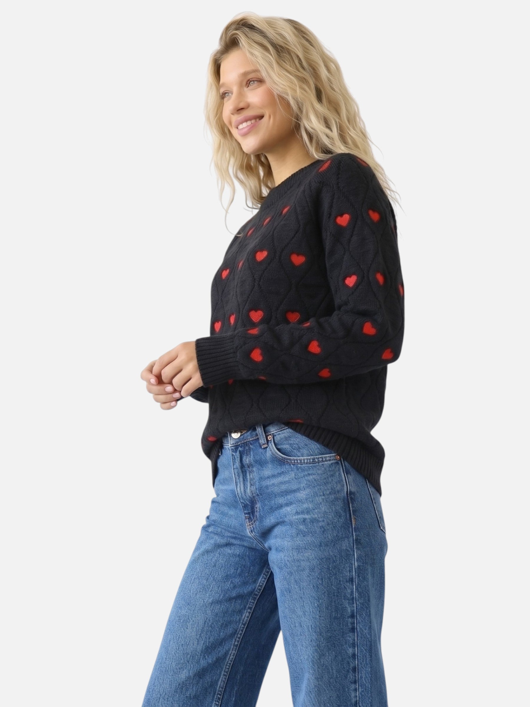 Pull Femme Maille Texturée Imprimé Cœurs