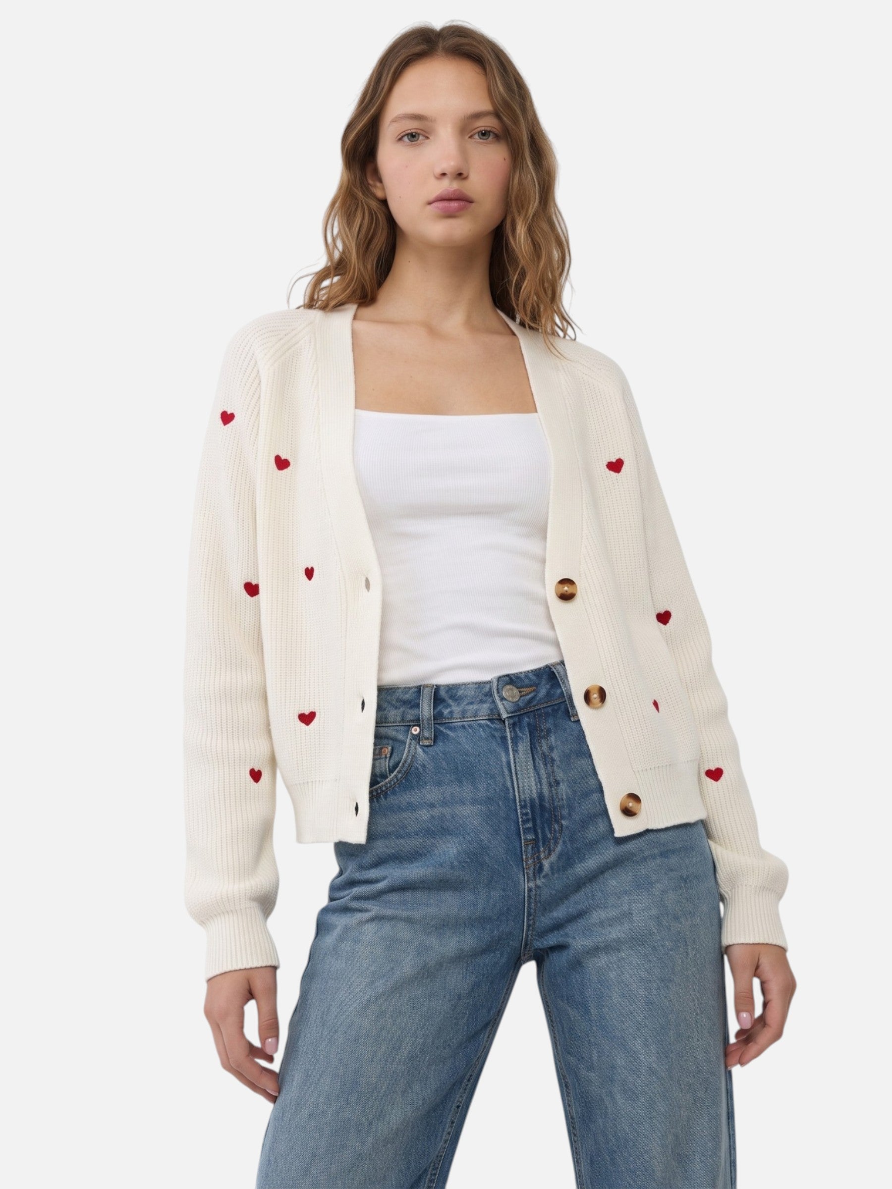 Gilet Femme Boutonné Motif Cœurs Brodés