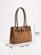 Women's Suede Buckle Detail Top Handle Tote Bag