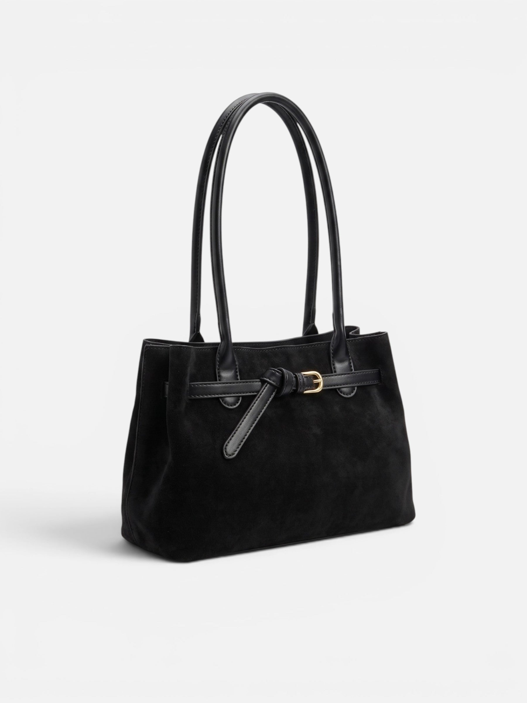 Women's Suede Buckle Detail Top Handle Tote Bag