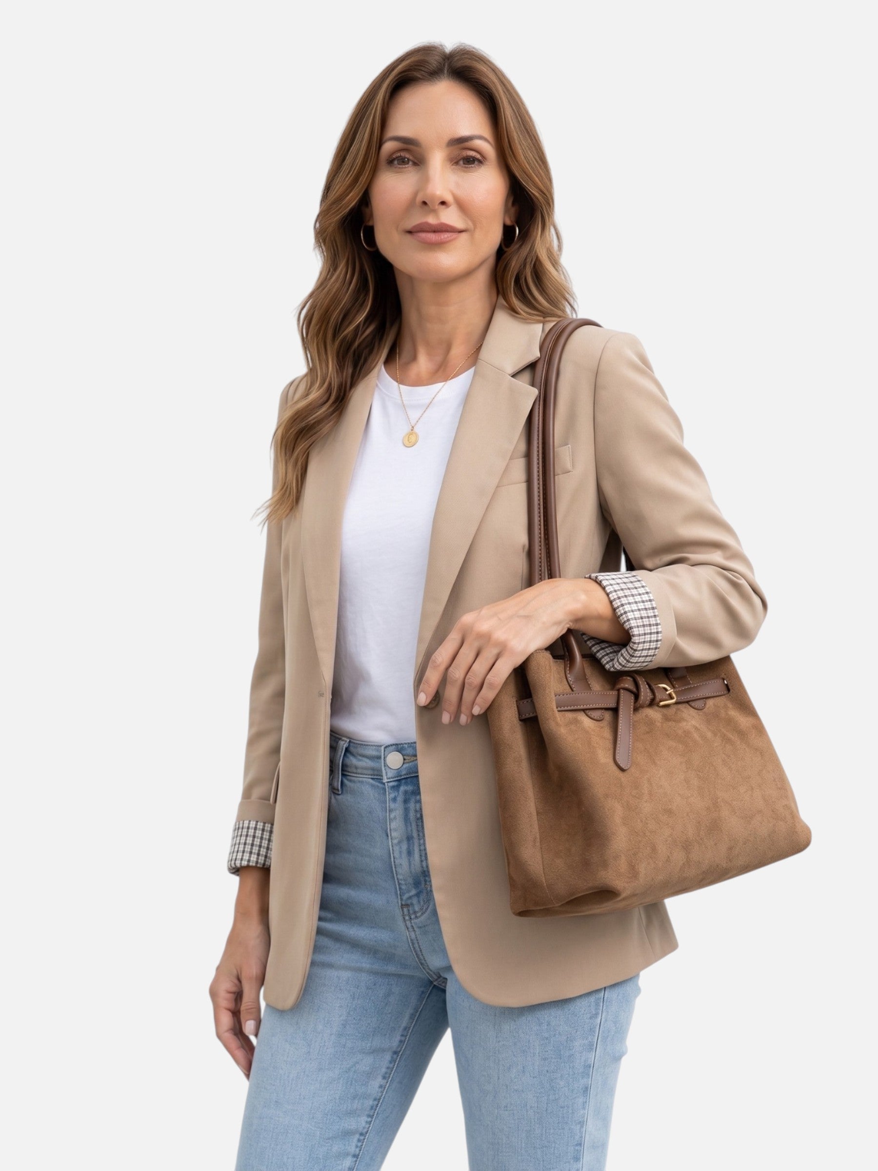 Women's Suede Buckle Detail Top Handle Tote Bag