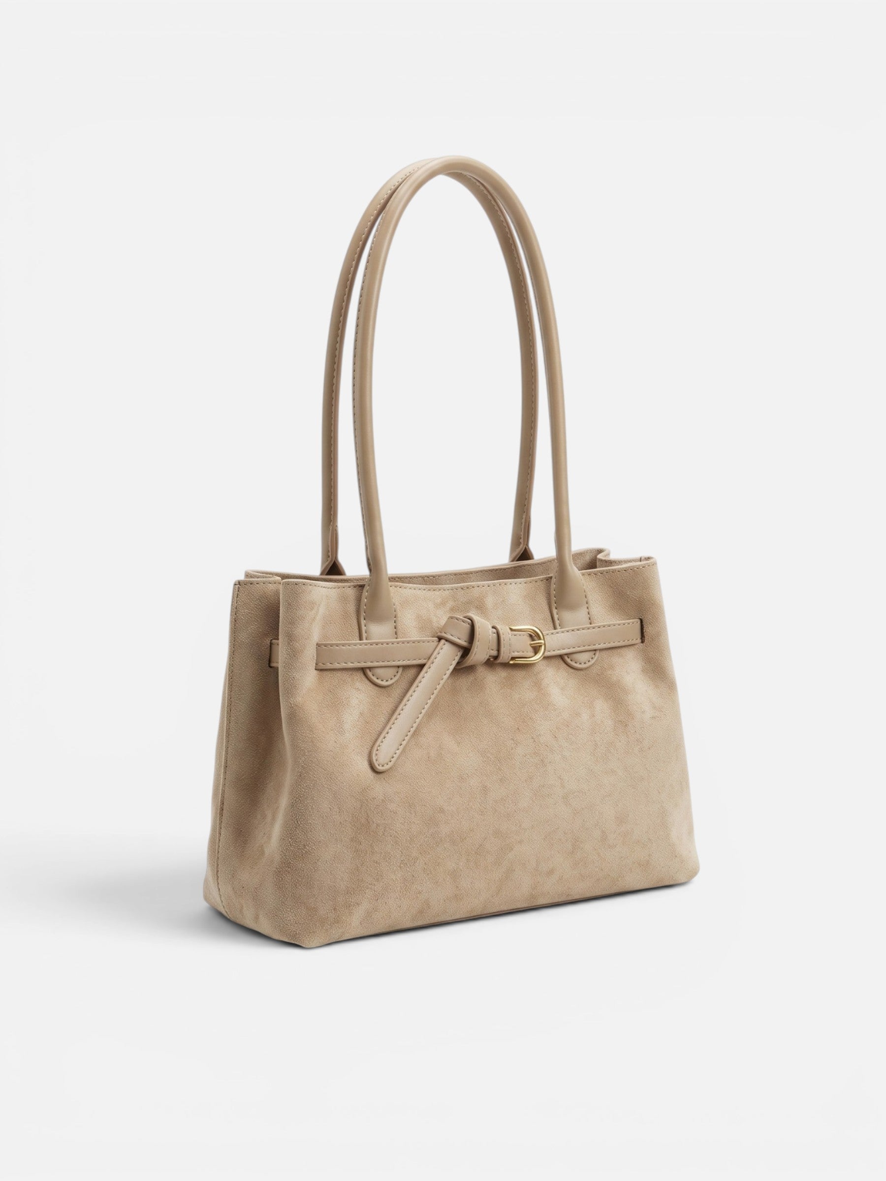 Women's Suede Buckle Detail Top Handle Tote Bag