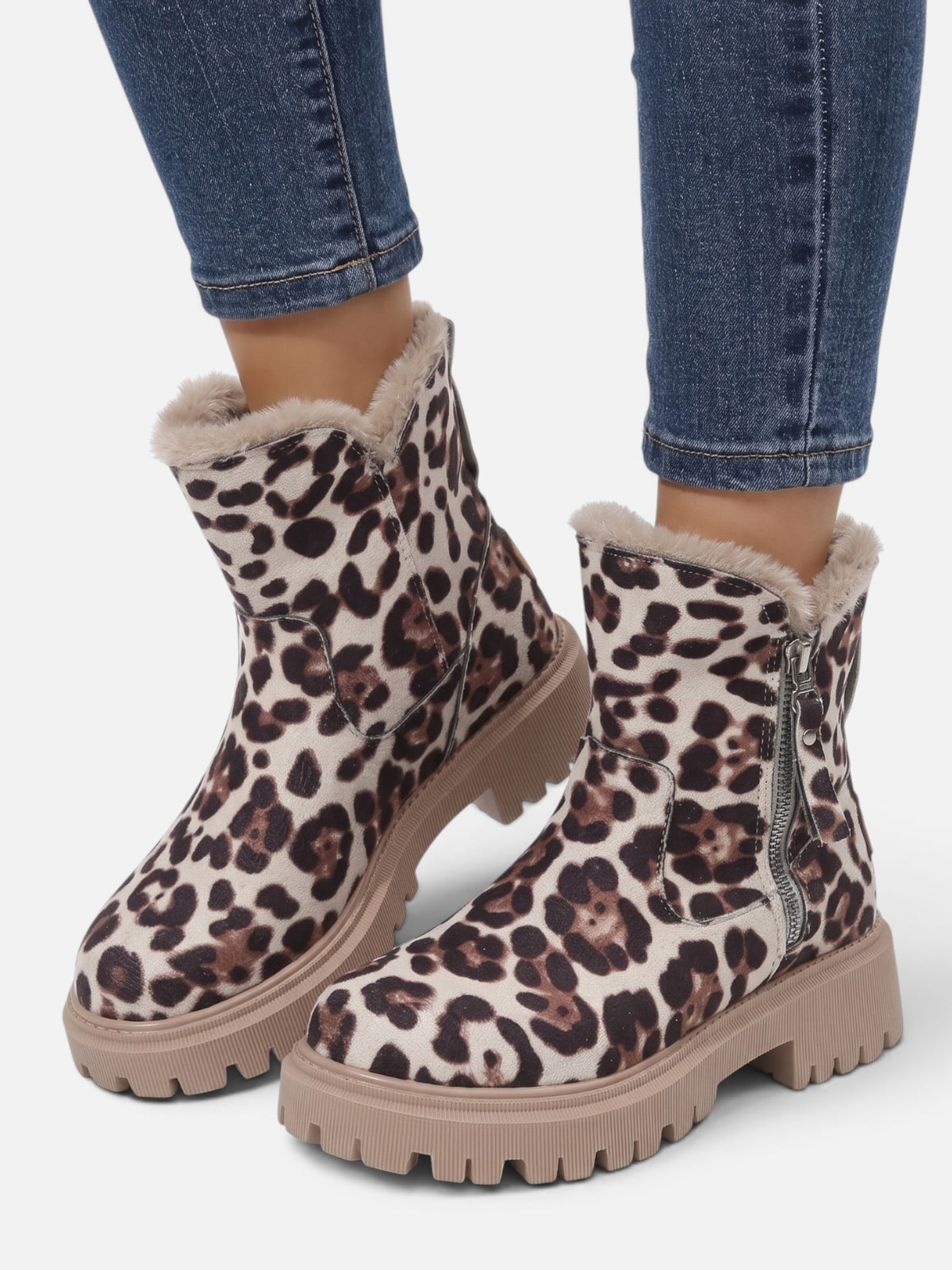 Bottines Femme en Daim Imprimé Léopard Fourrées