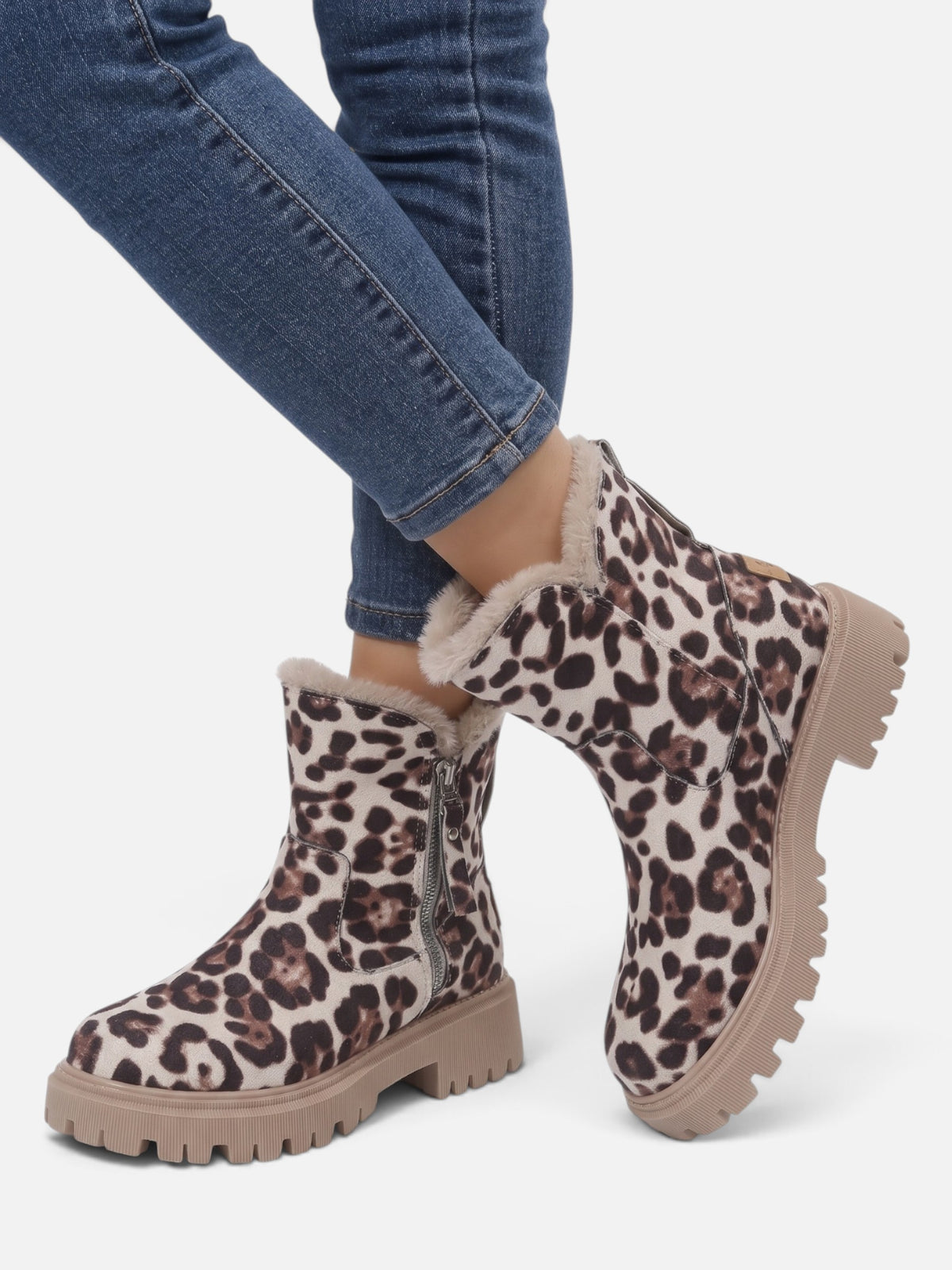 Bottines Femme en Daim Imprimé Léopard Fourrées