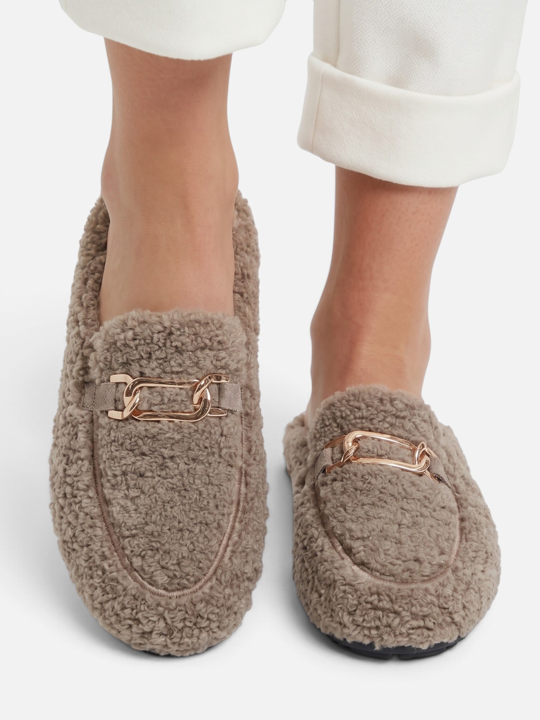 Mules Mocassins Femme en Sherpa à Chaîne