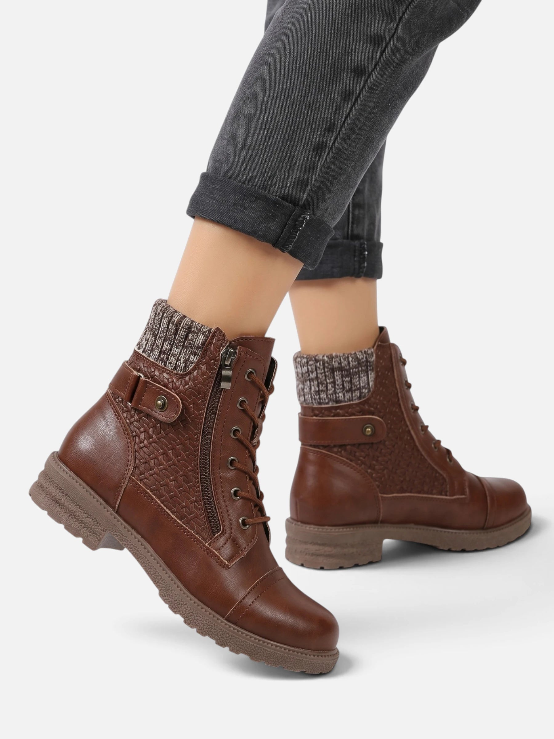 Bottines Femme Rangers Cuir Empiècement Maille