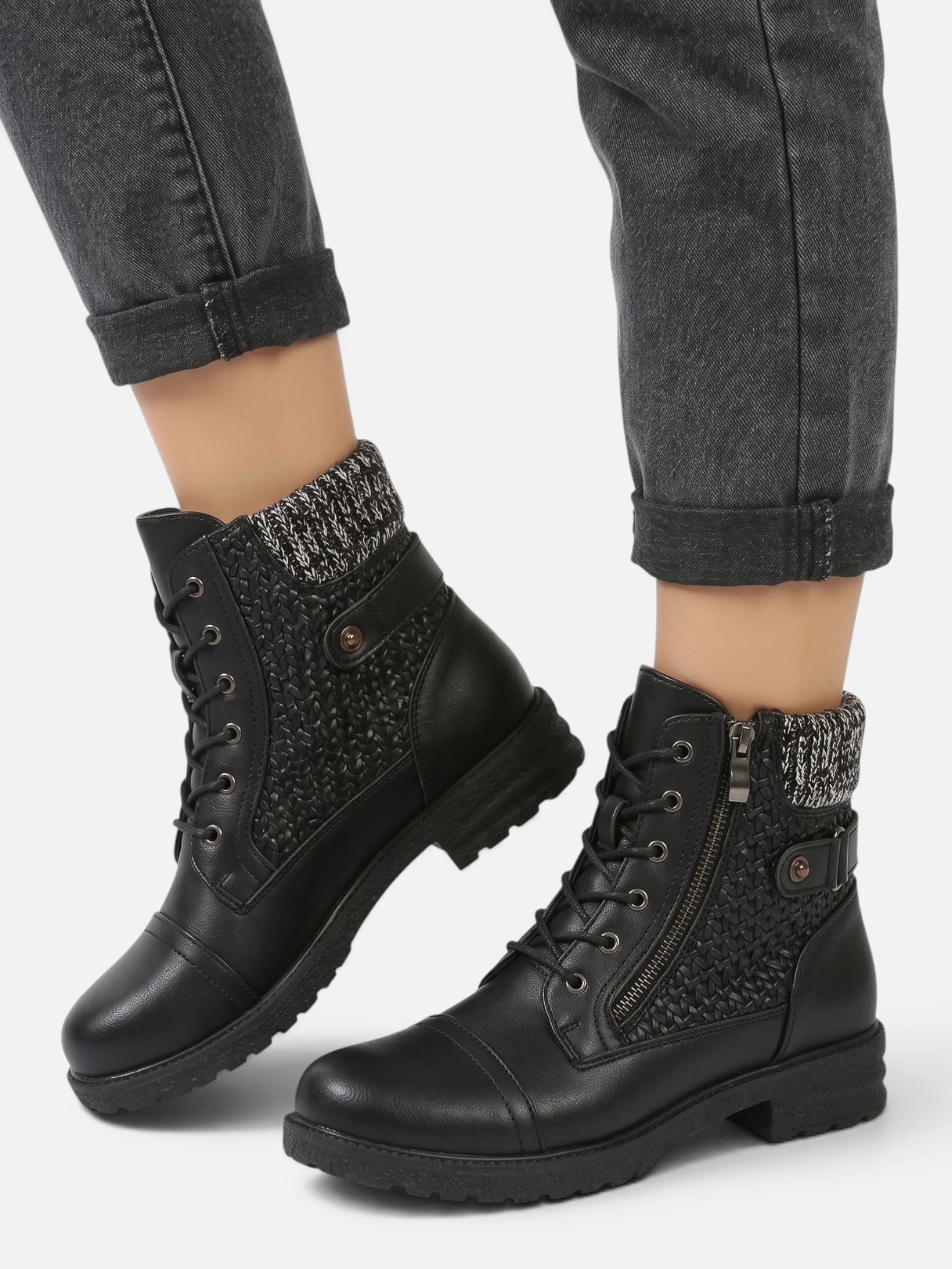 Bottines Femme Rangers Cuir Empiècement Maille