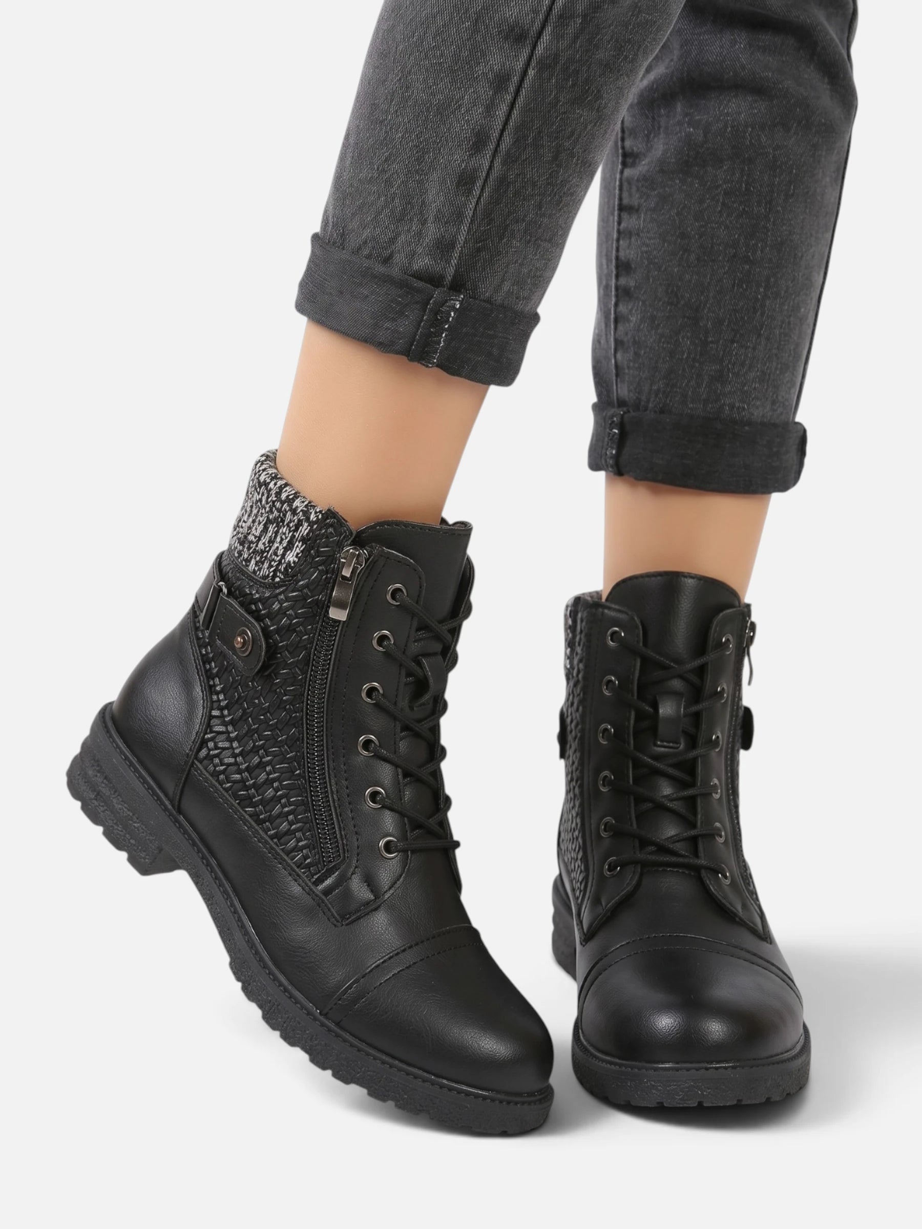Bottines Femme Rangers Cuir Empiècement Maille