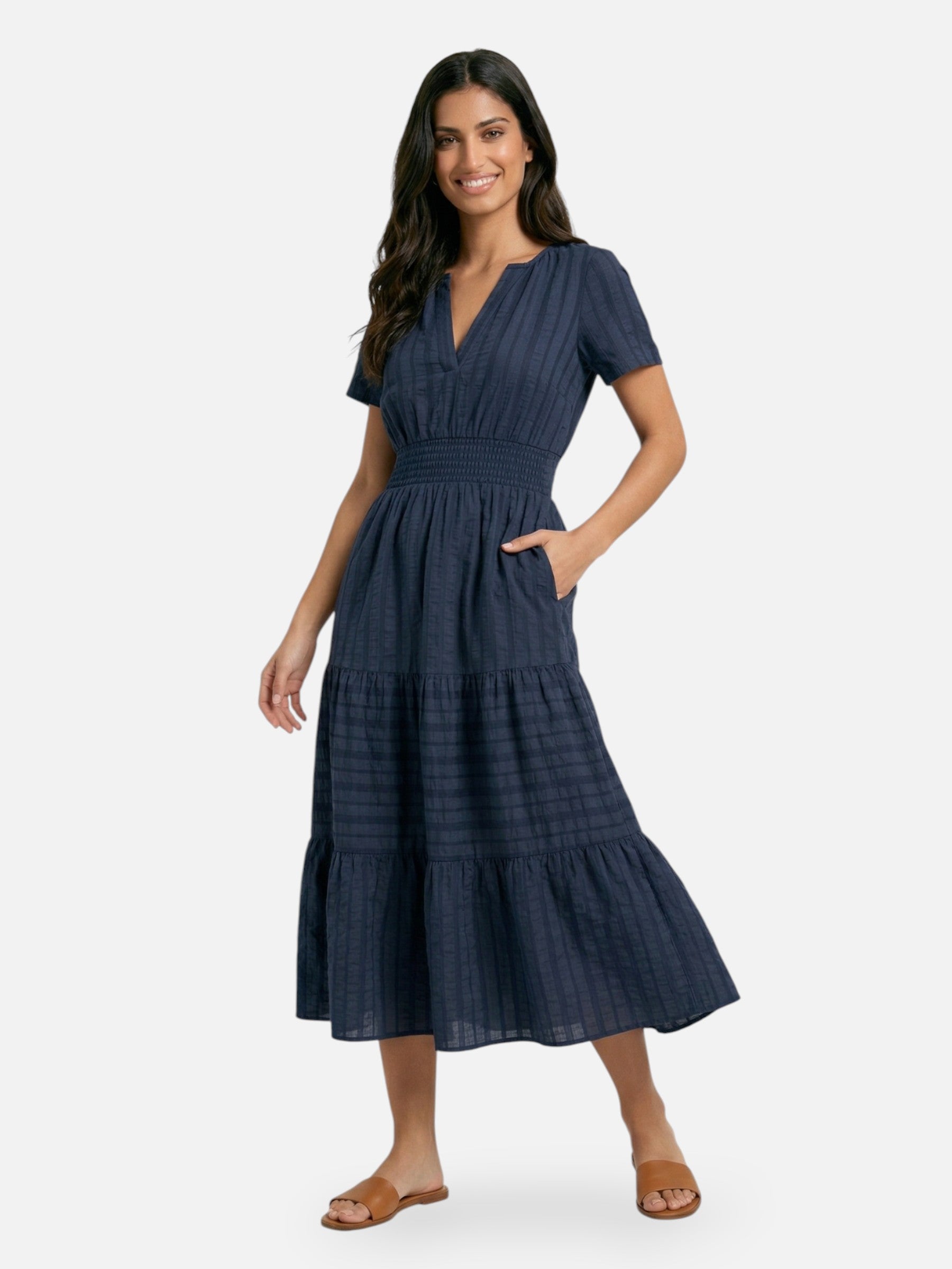 Robe longue femme fluide taille smockée élégante été