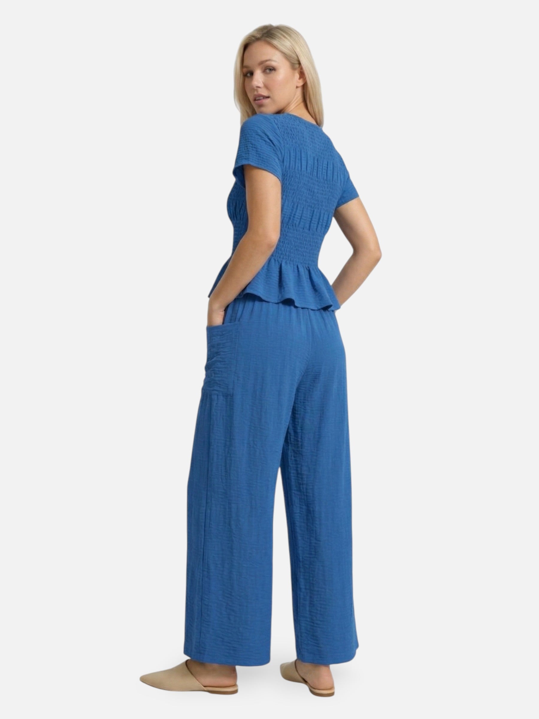 Ensemble femme à manches courtes et pantalon large texturé