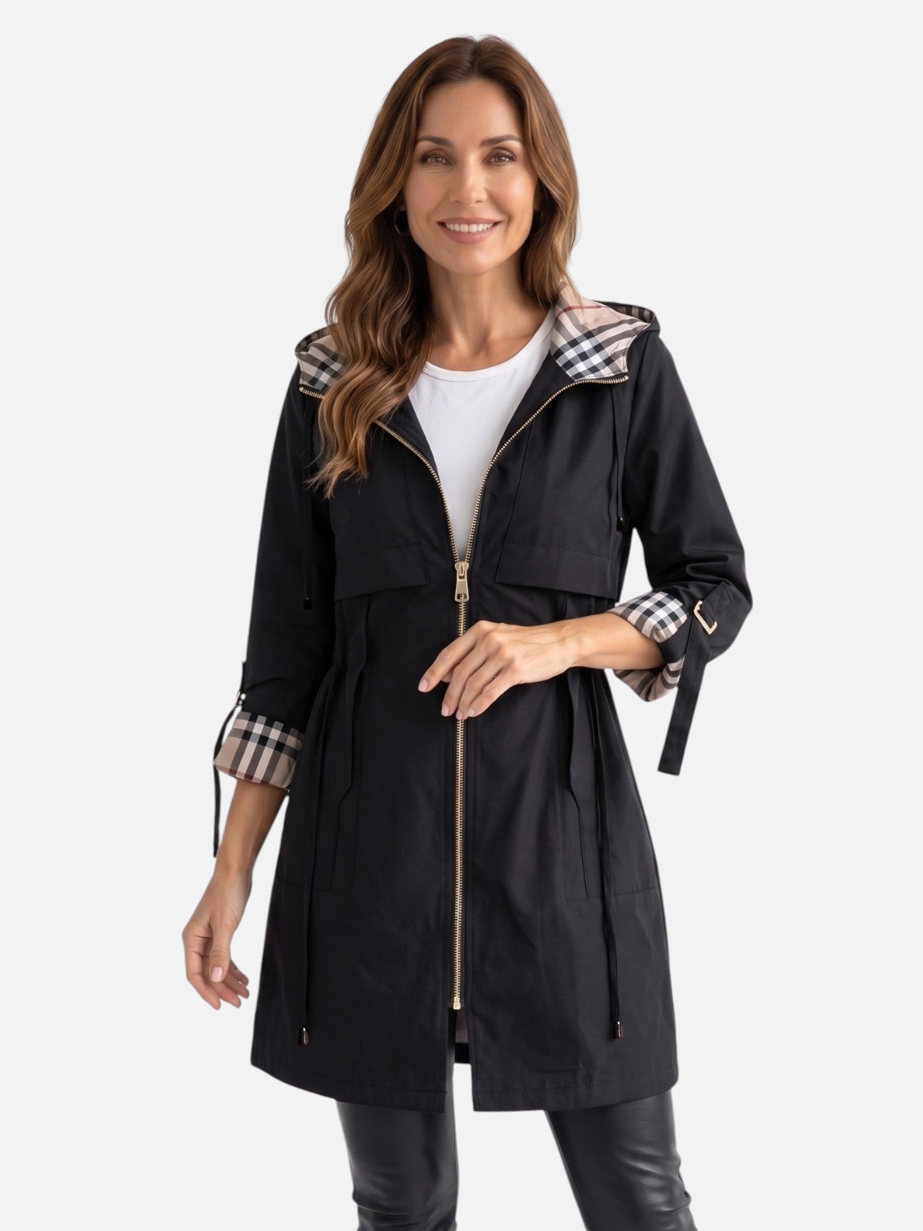 Parka Femme Imperméable à Capuche Doublure à Carreaux