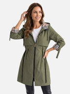 Parka Femme Imperméable à Capuche Doublure à Carreaux