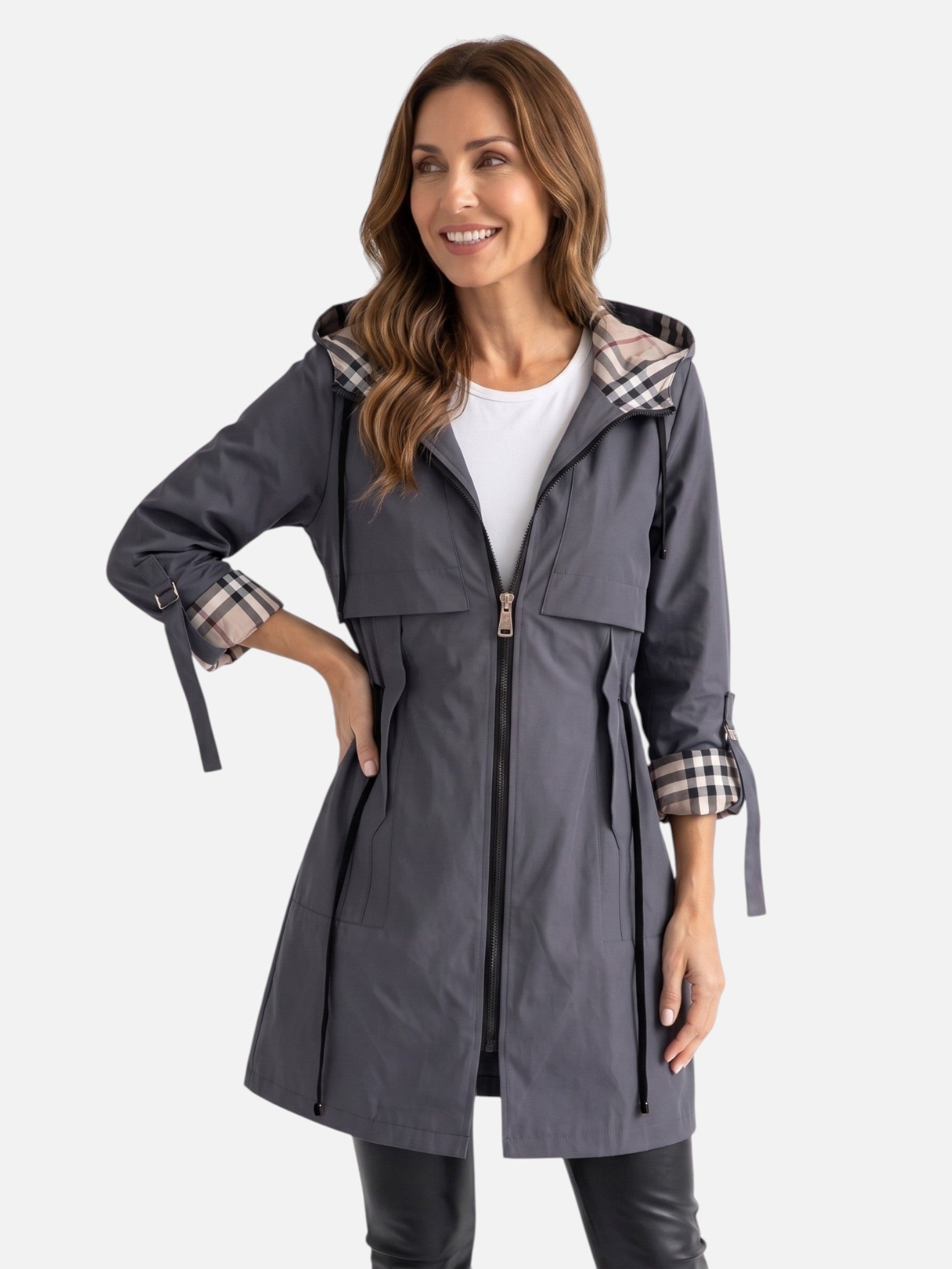 Parka Femme Imperméable à Capuche Doublure à Carreaux