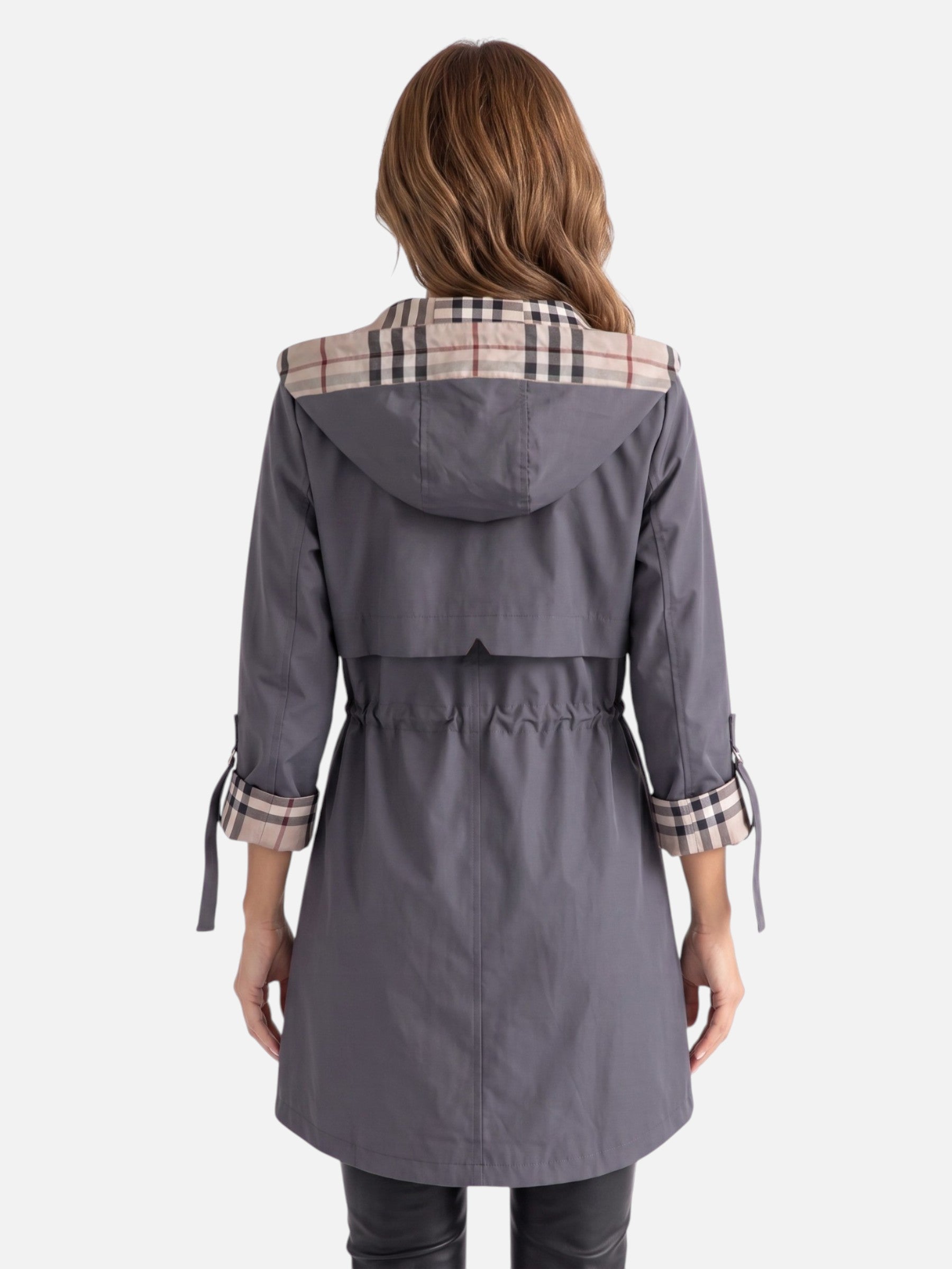Parka Femme Imperméable à Capuche Doublure à Carreaux