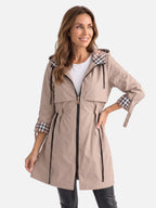 Parka Femme Imperméable à Capuche Doublure à Carreaux