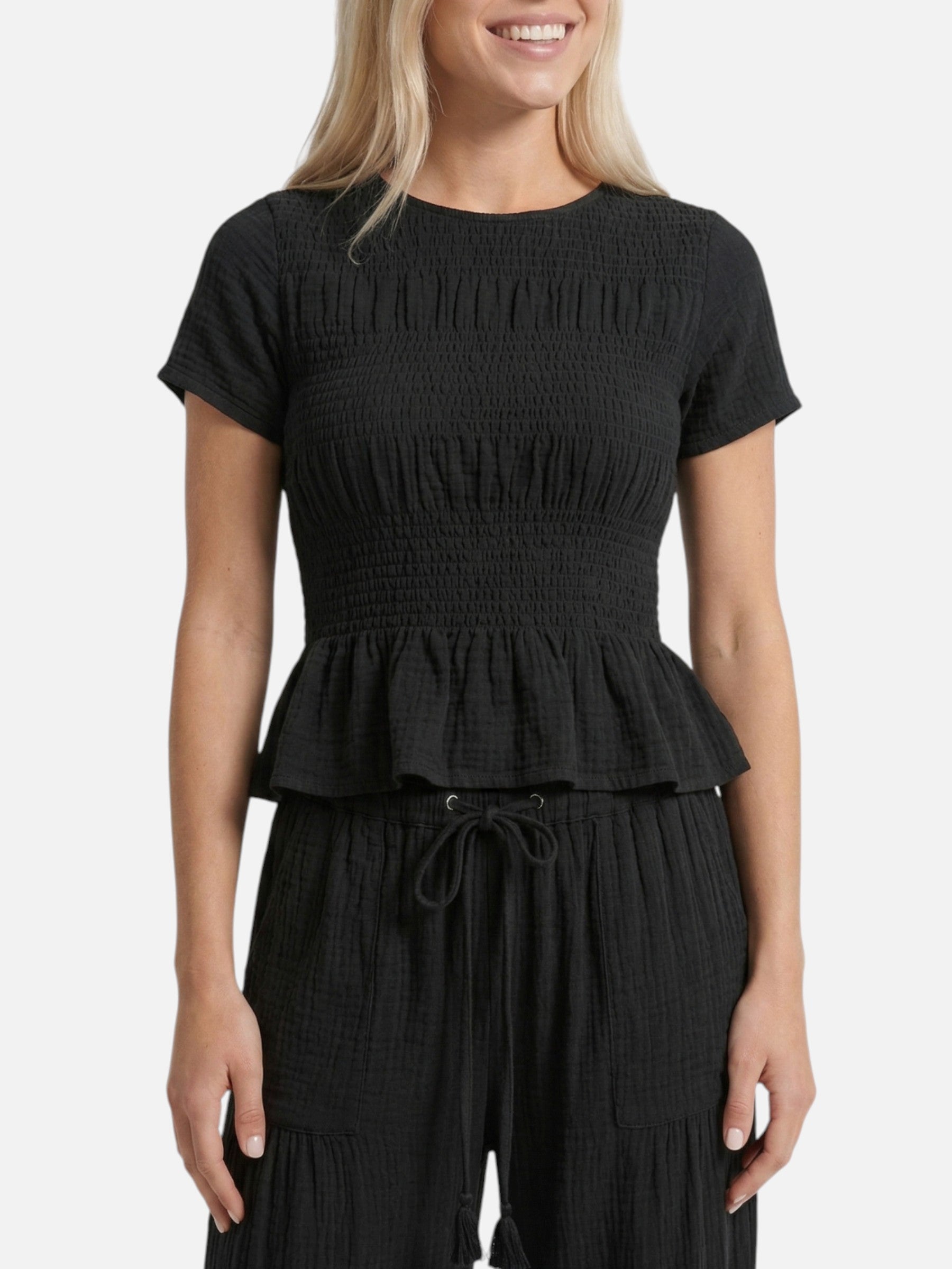 Ensemble femme à manches courtes et pantalon large texturé