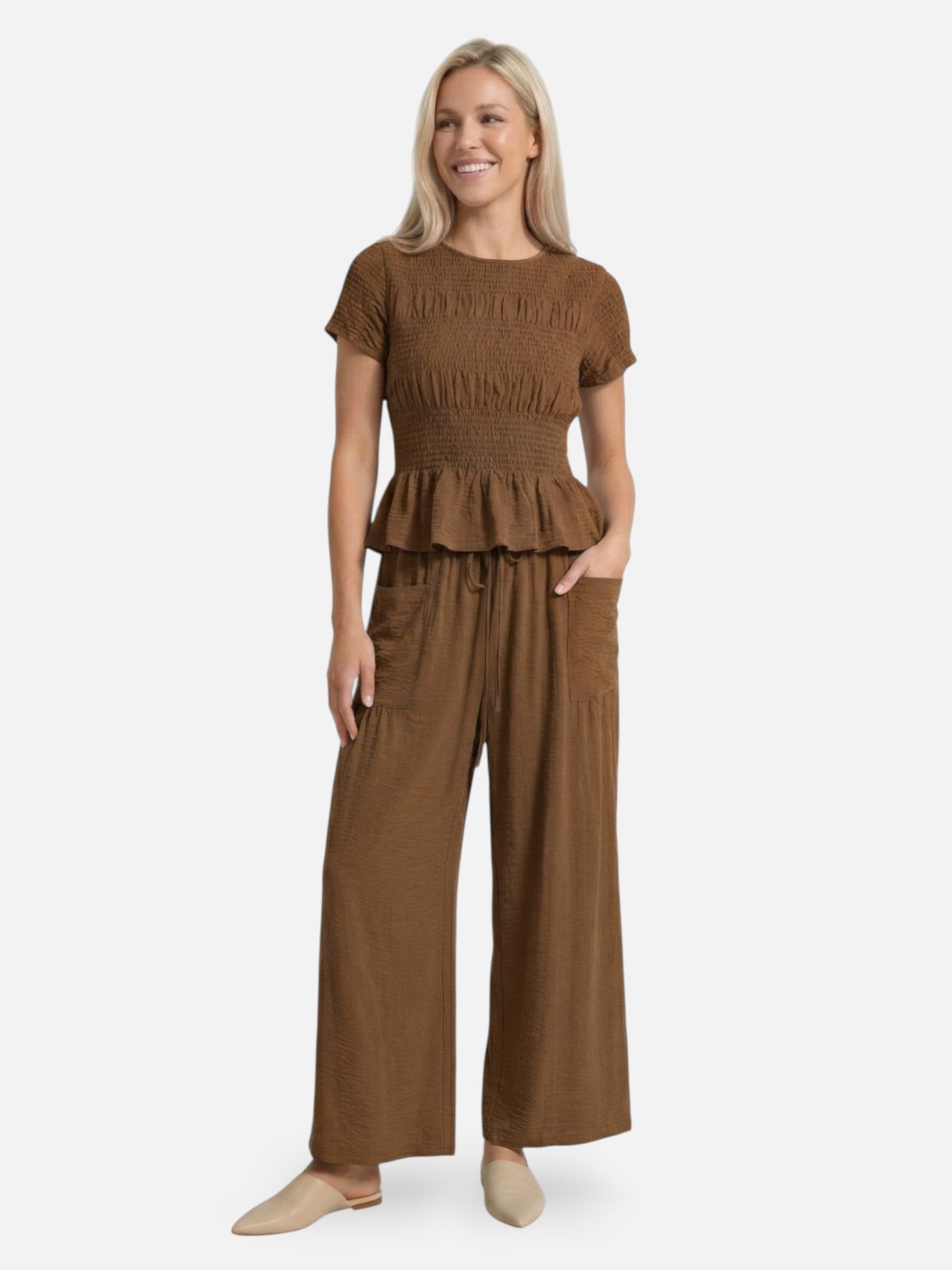 Ensemble femme à manches courtes et pantalon large texturé