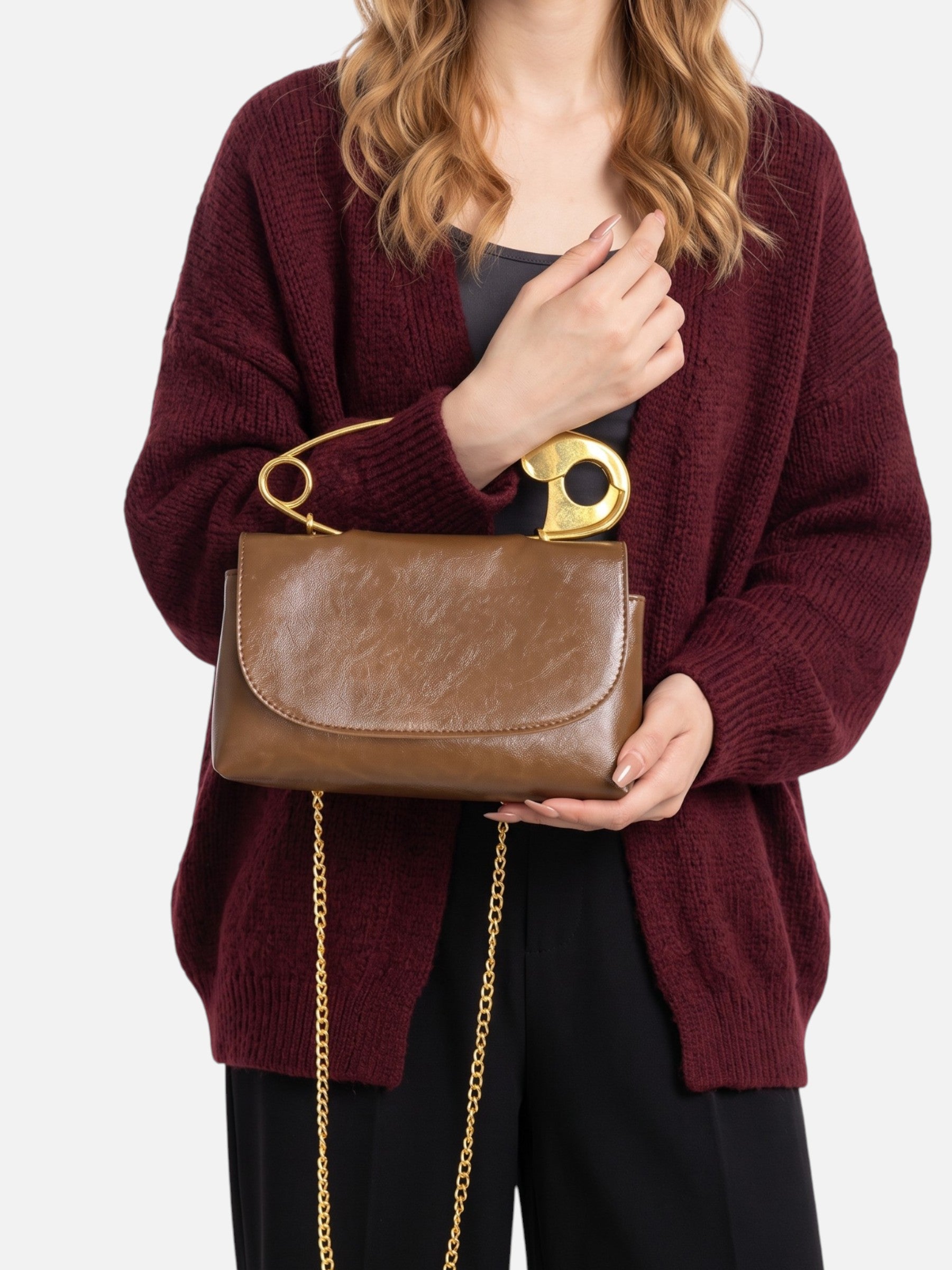 Sac Femme Bandoulière Effet Cuir Épingle Chaîne Dorée