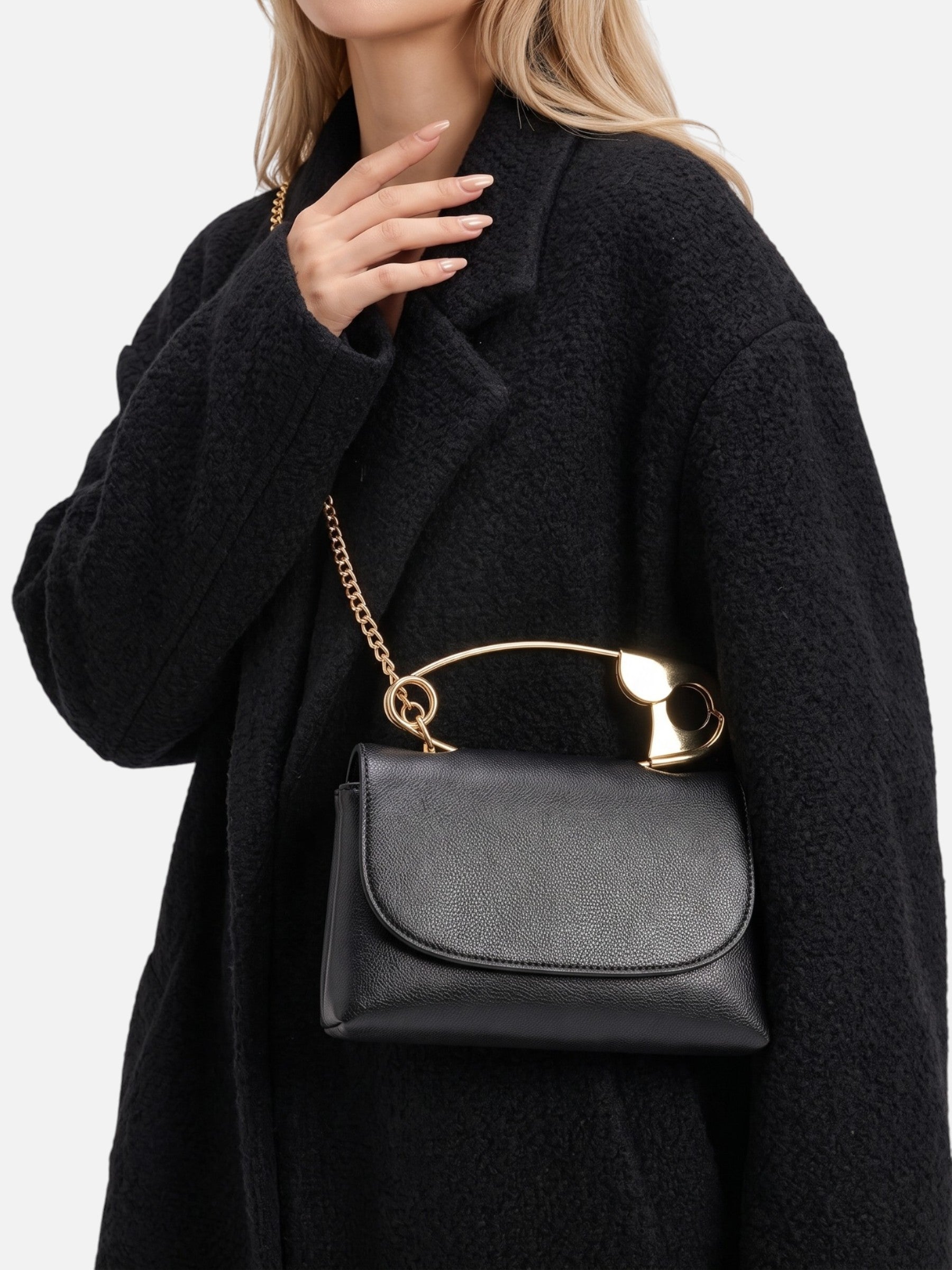 Sac Femme Bandoulière Effet Cuir Épingle Chaîne Dorée